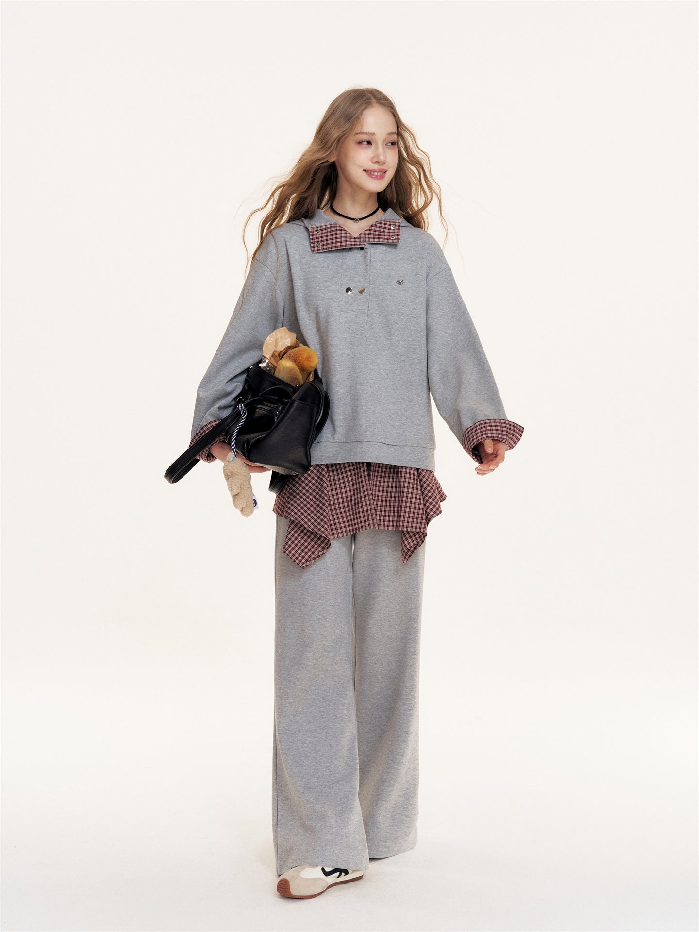 16DEWS 16D25397&16D25398 Plaid patchwork hooded sweatshirt + pants set