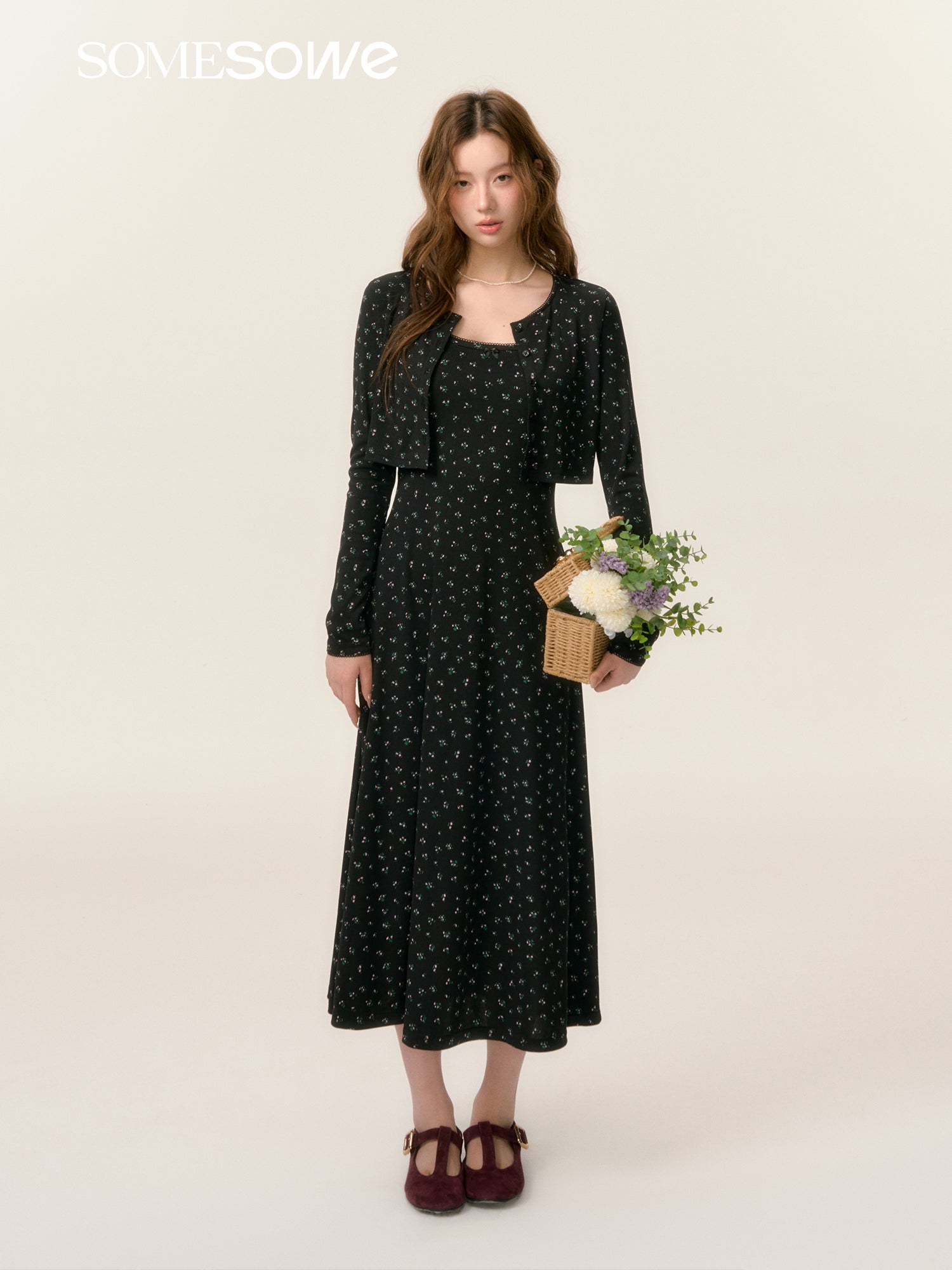 SOMESOWE S2508039&S2508040 Floral knit dress + cardigan set(seperate)