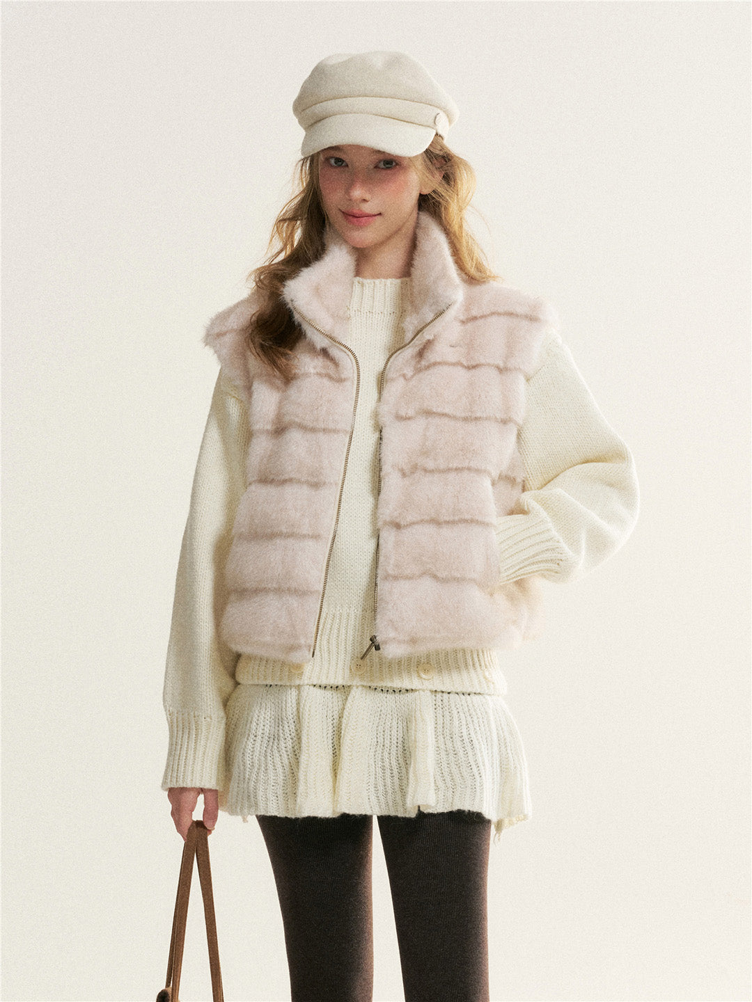 16DEWS 16D25531 Stand collar design imitates mink fur vest