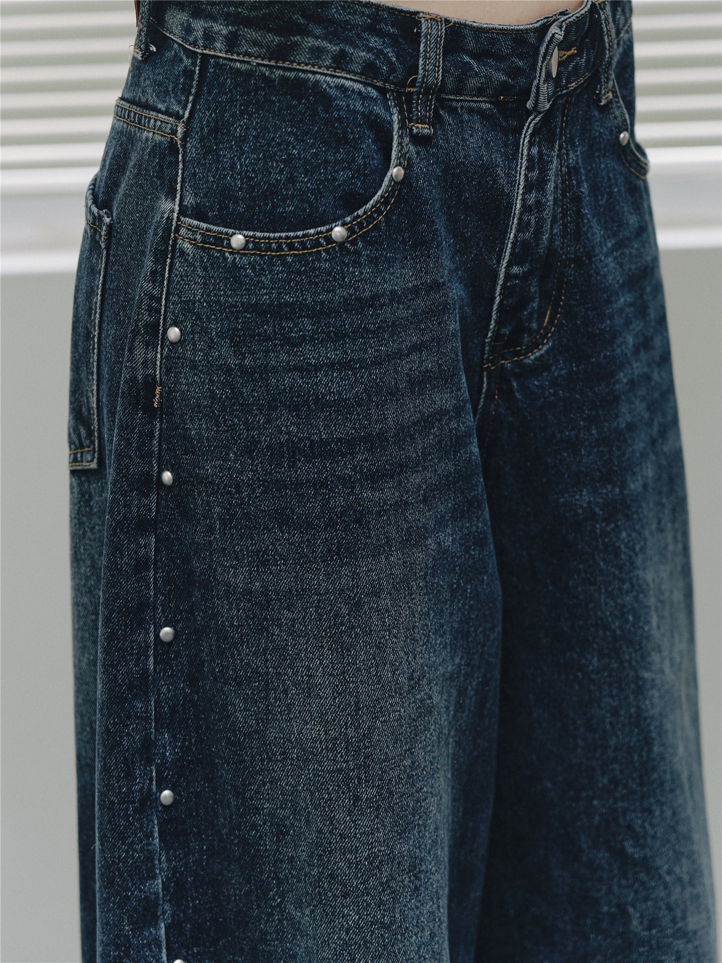 Asgony ASG26556 Vintage Washed Studded Barrel Pants
