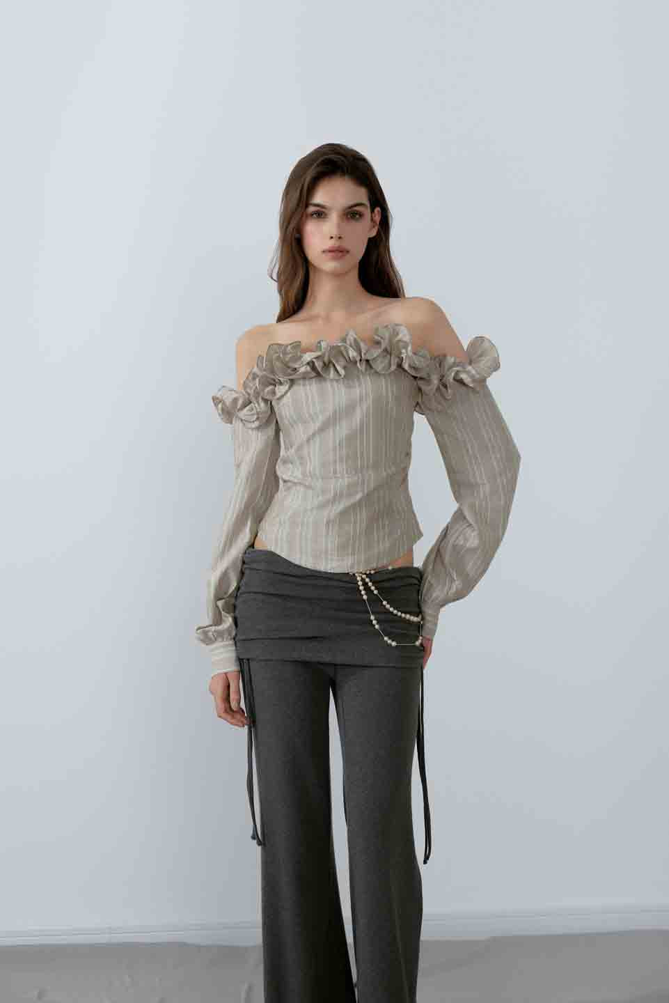 NONCESTNON N221 Striped pleated long sleeved top