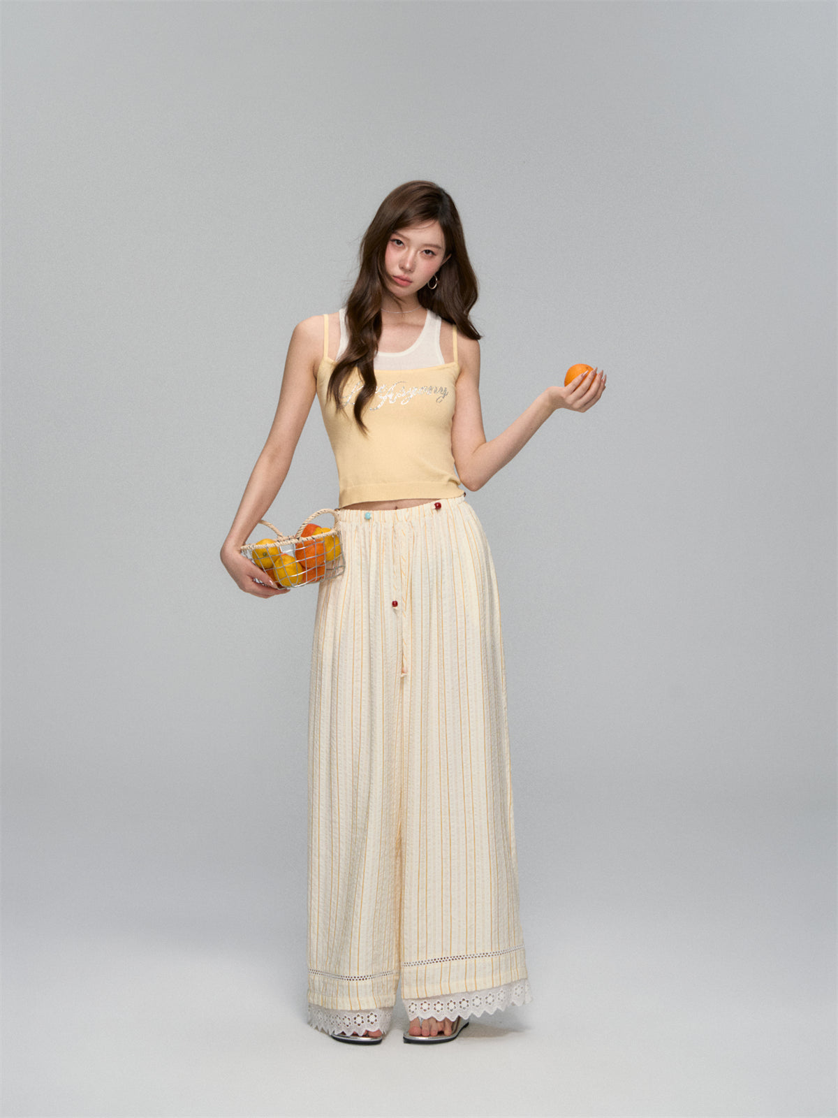 AsGony ASG25113 Striped lace straight leg casual pants (2color)