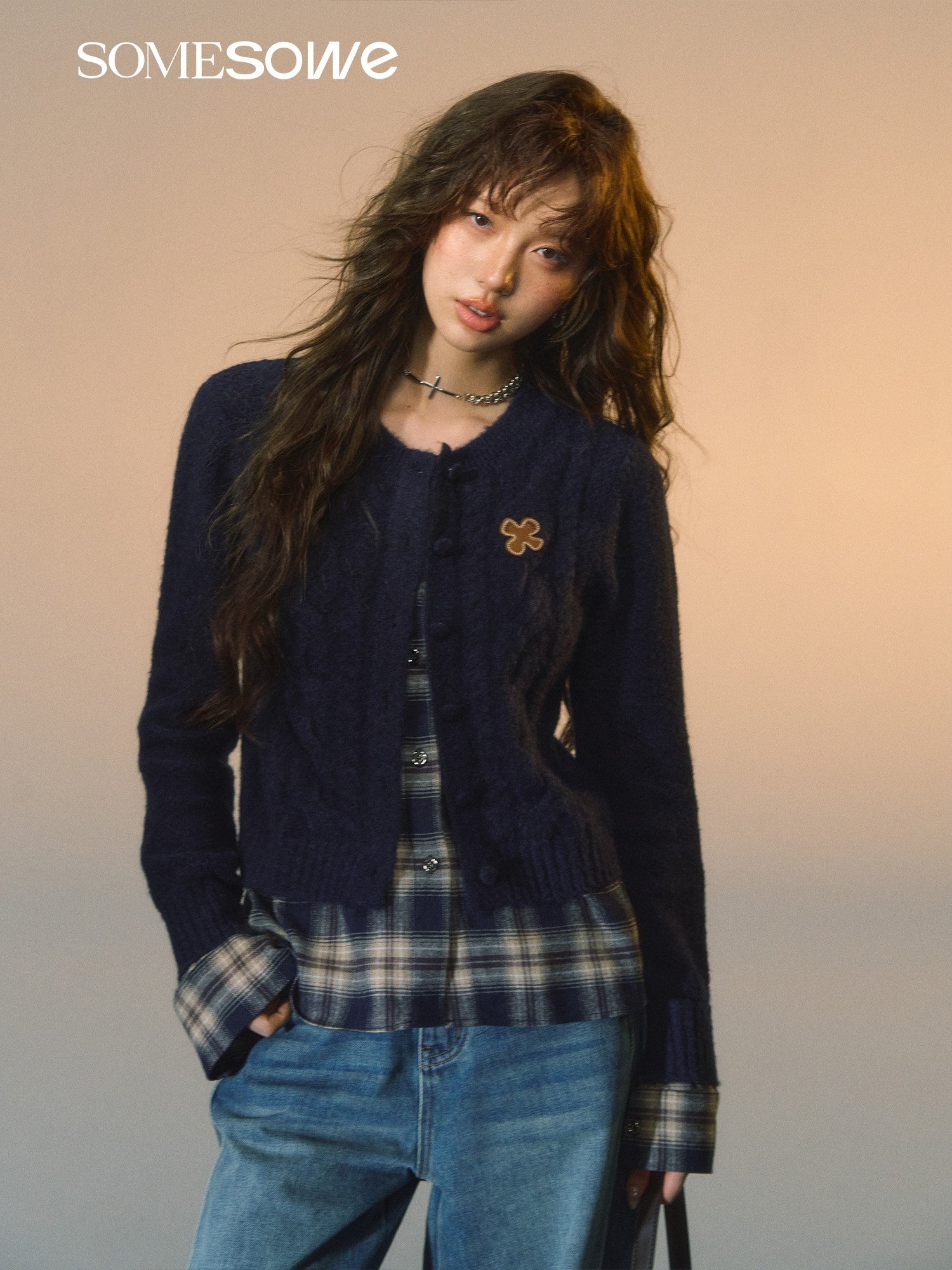 SOMESOWE S2508275 Fake two piece checkered spliced floral cardigan