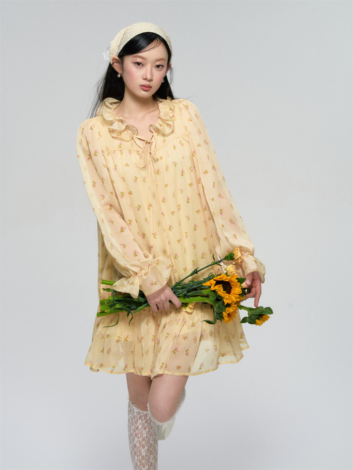 AsGony ASG25091 Floral long sleeved dress