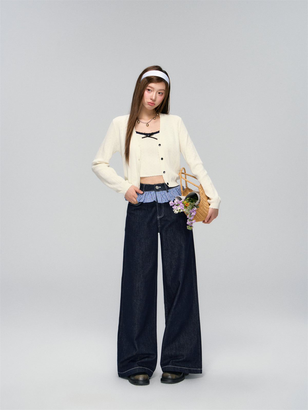AsGony ASG25041 Color blocking bow strap cardigan two-piece set