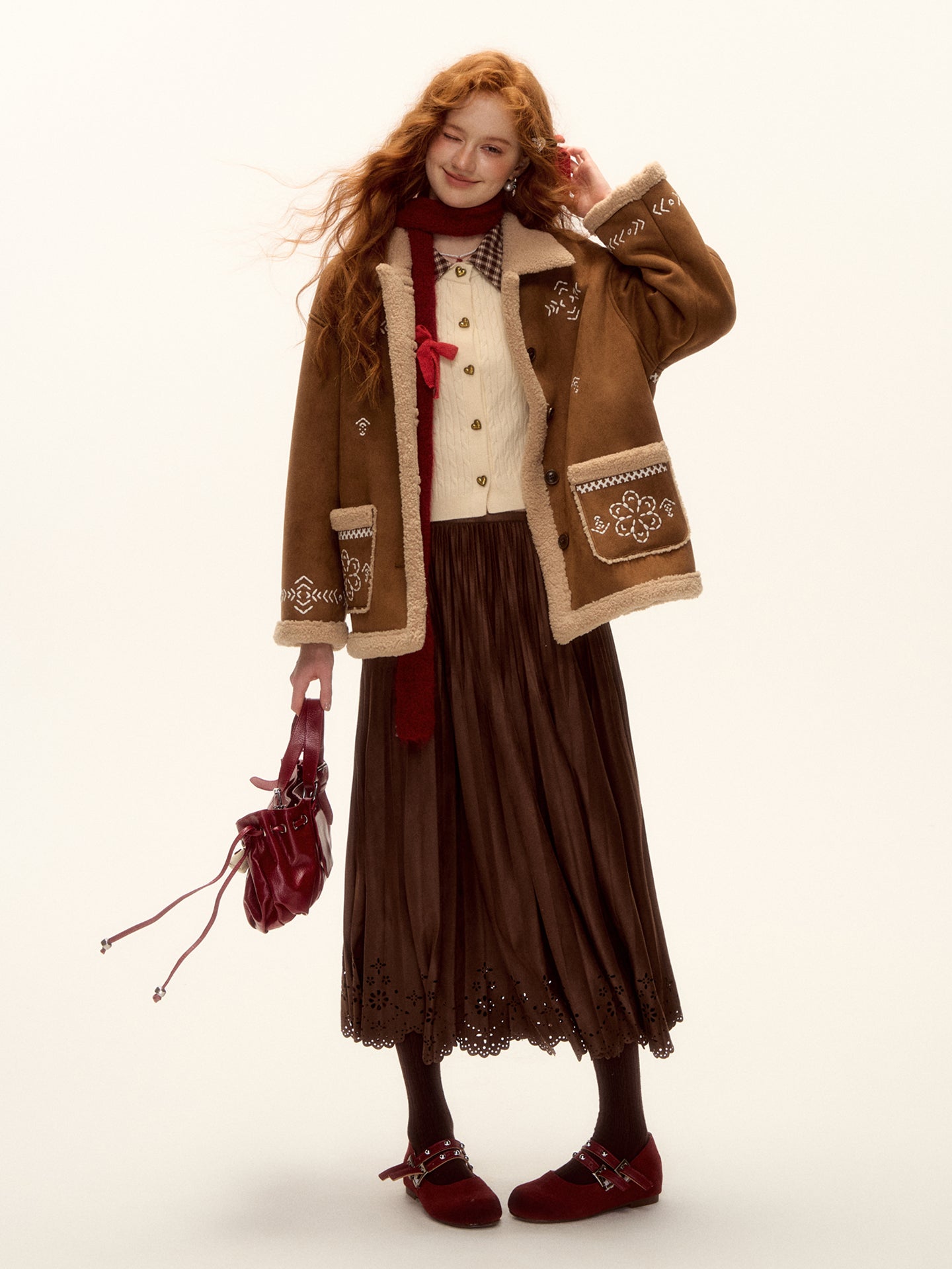 AsGony ASG25477 Hollow lace hem pleated suede long skirt