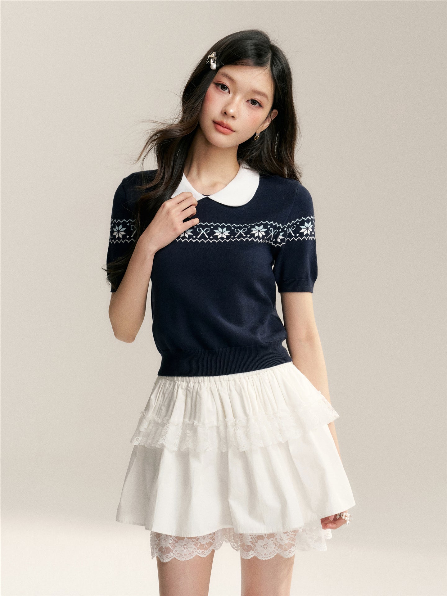 16DEWS 16D246070 Color blocked doll neck Fer Island short sleeved knit sweater