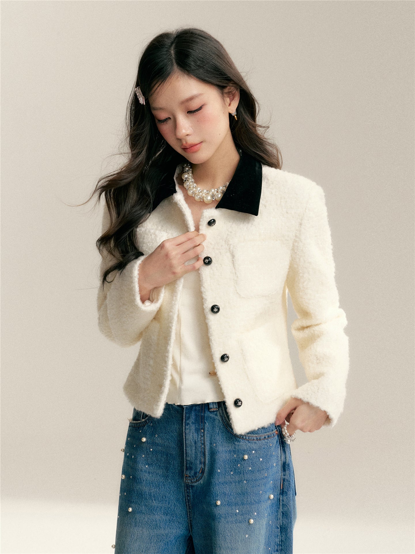 16DEWS 16D26004 Color blocking lapel texture short jacket