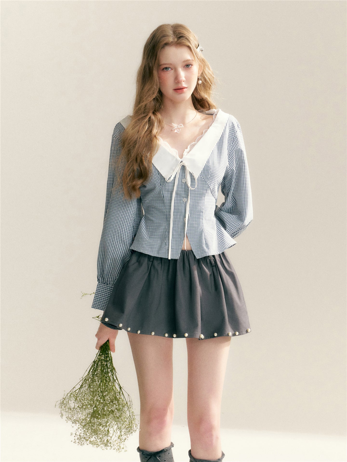 16DEWS 16D26020 Lace edged V-neck plaid patchwork waist cinching shirt