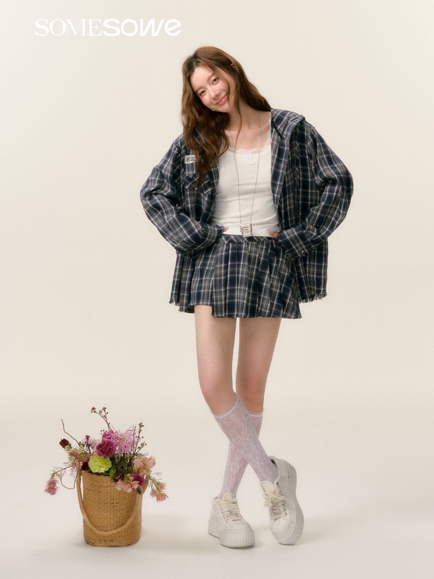 SOMESOWE S2508025&S2508026 Plaid hooded shirt + shorts set(seperate)
