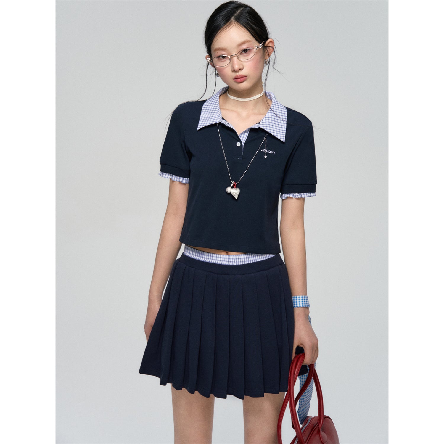 AsGony ASG25090 Embroidered plaid patchwork polo shirt