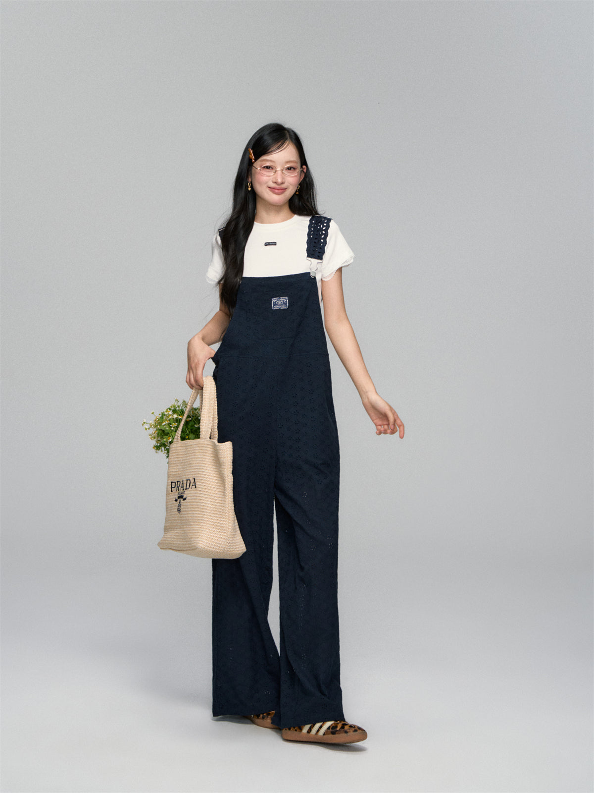 AsGony ASG25142 Flower hollow cotton loose overalls (2color)