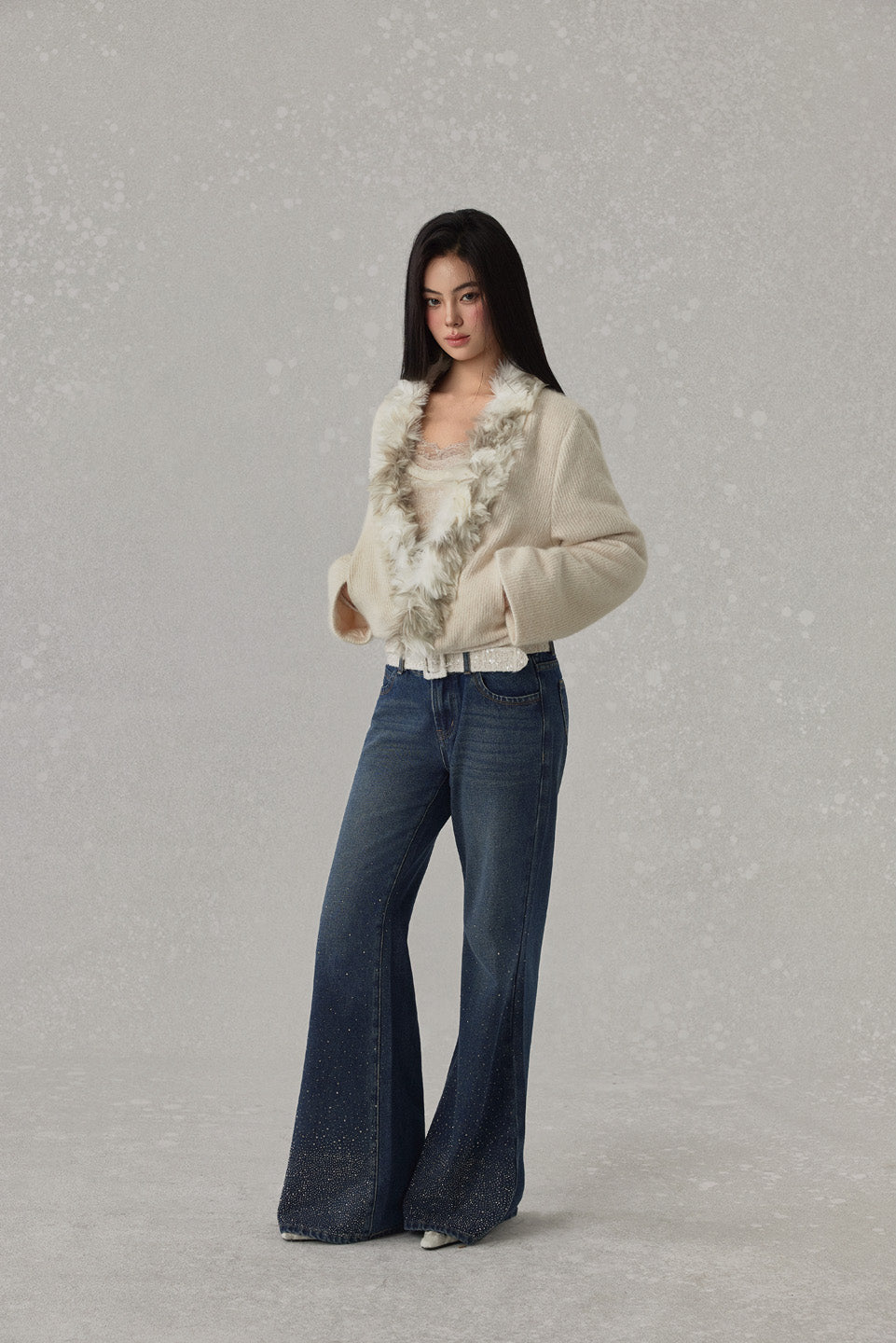 NONCESTNON in stock N275 Knitted fur collar buttonless jacket