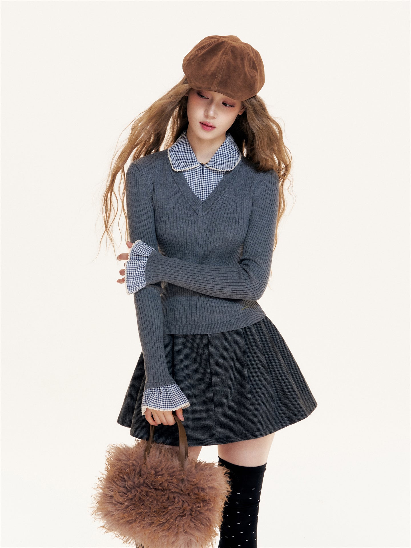 16DEWS 16D25405 Plaid contrasting splicing fake two-piece knitted top