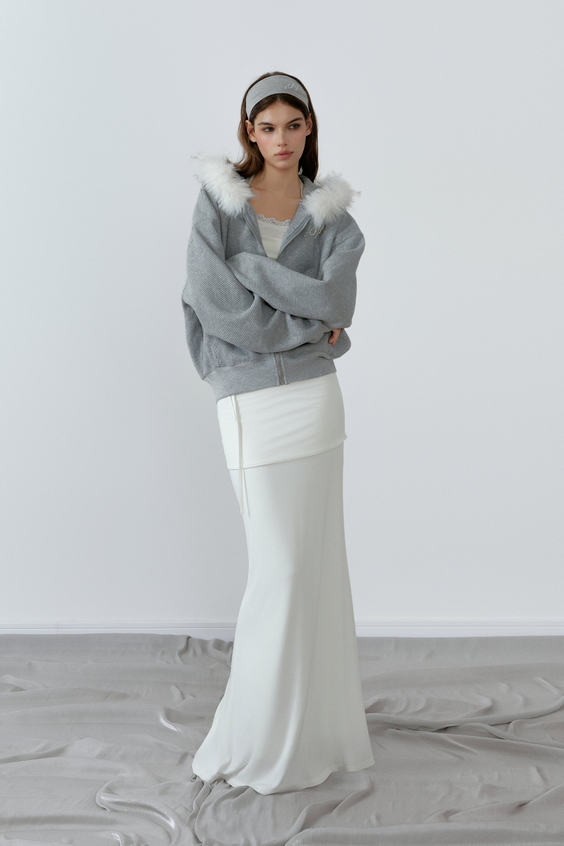 NONCESTNON N227 White fur collar gray hoodie