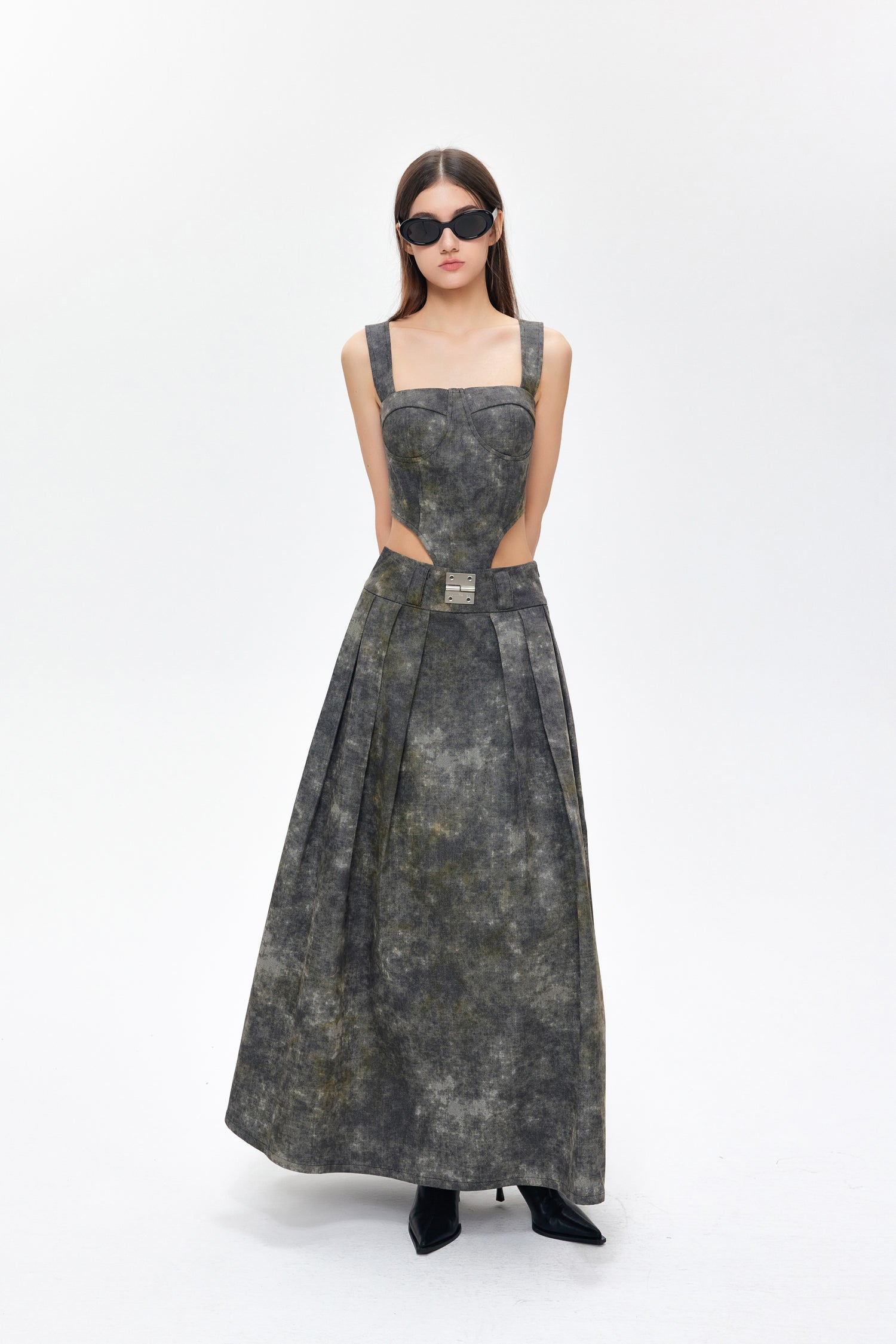 YJ1NGZYZJ DENIM ACID-WASH LONG SKIRT IN GRAY
