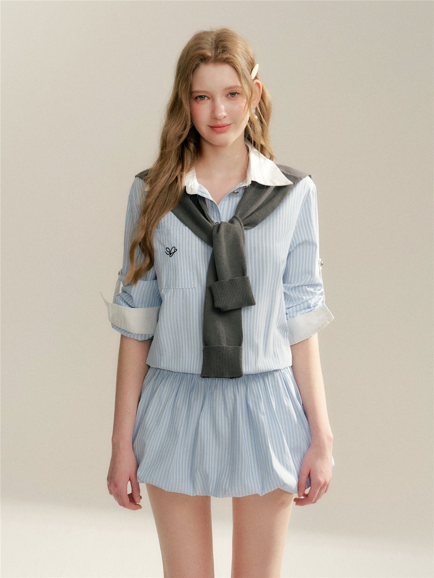 16DEWS 16D26047 Splicing striped shirt flower bud dress