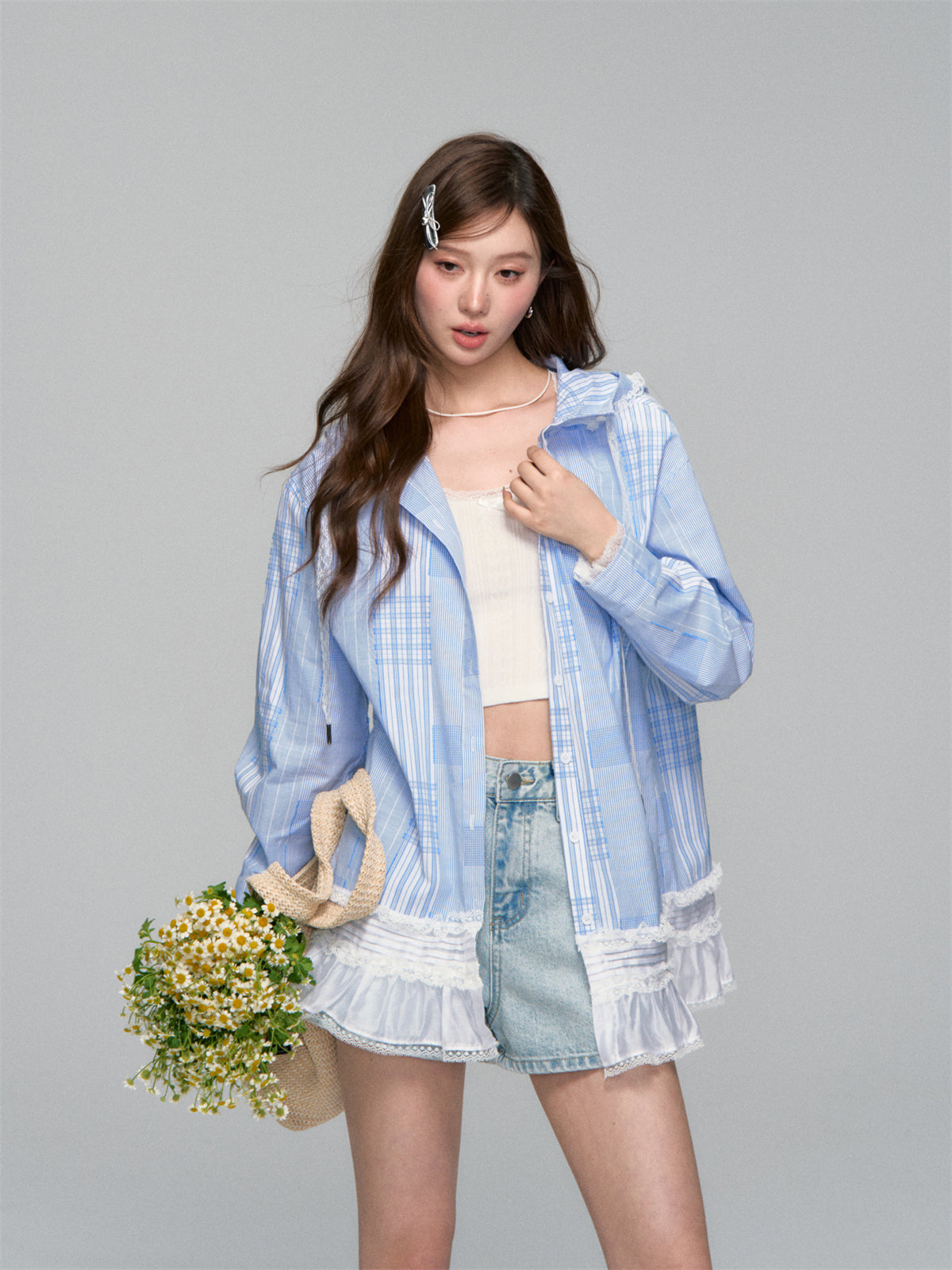 AsGony ASG25122 Plaid patchwork lace hooded shirt