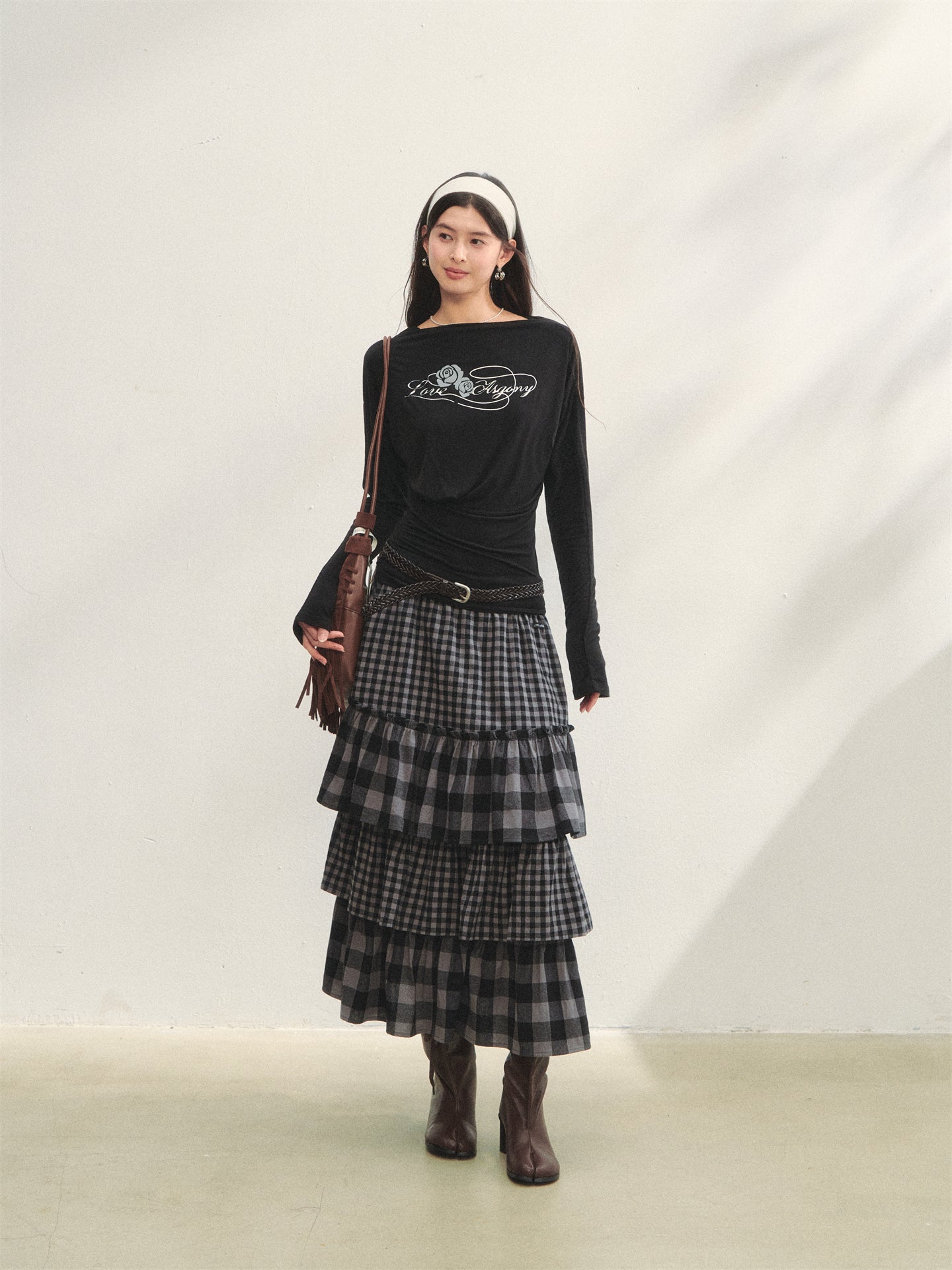 AsGony ASG25288 Plaid patchwork lace waist multi-layer long skirt