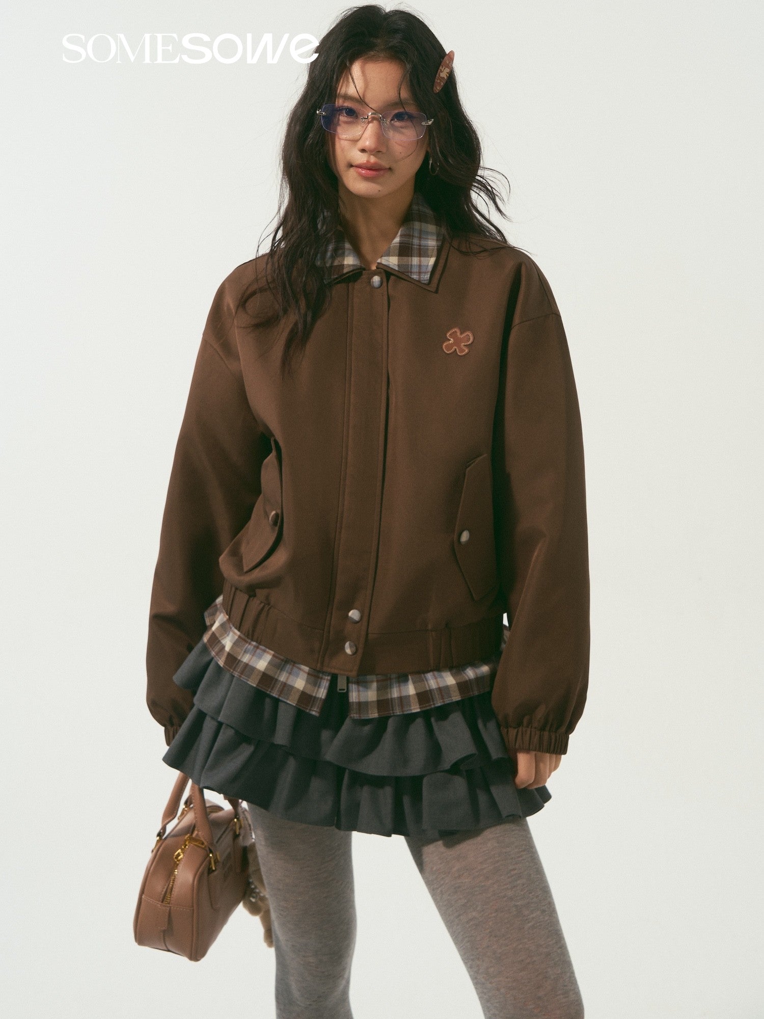 SOMESOWE S2509003 Double layered collar plaid spliced jacket