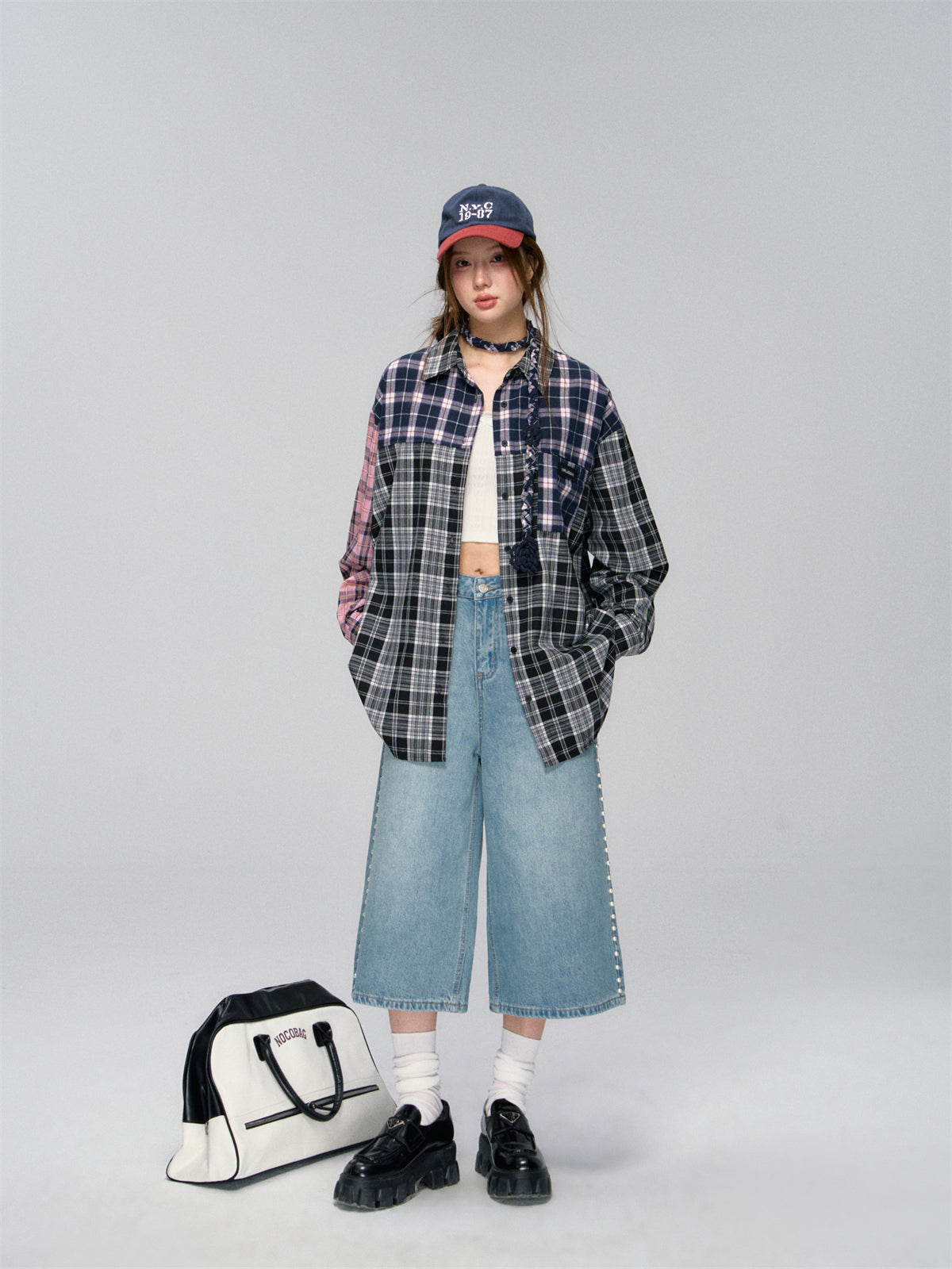 AsGony ASG25034 Checkered multi-color patchwork loose shirt