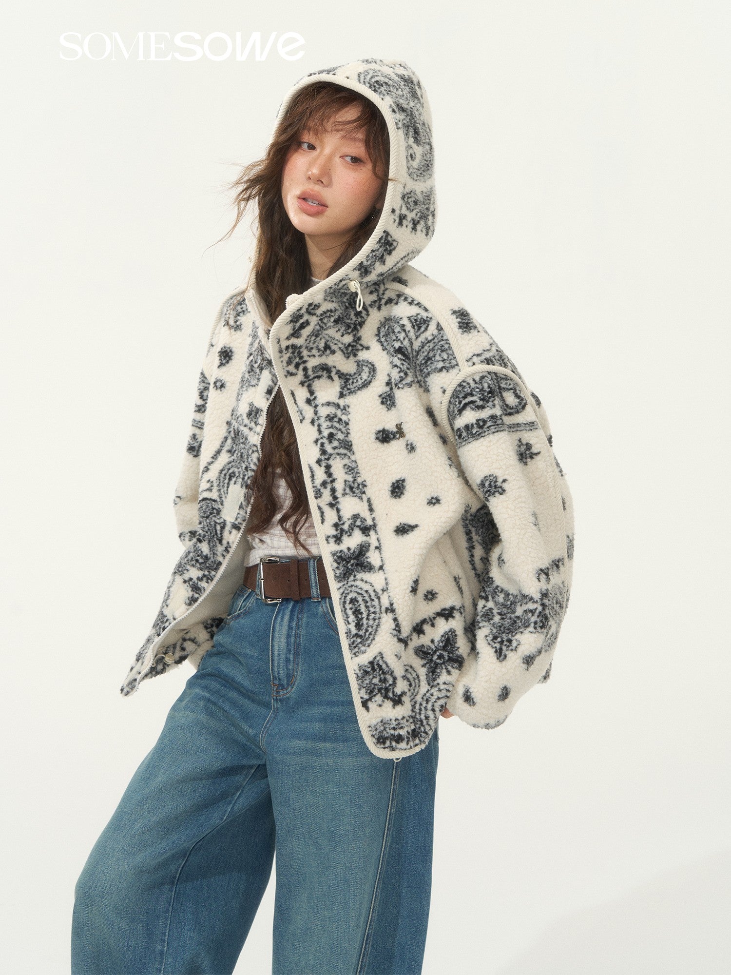 SOMESOWE S2508256 Jacquard fleece hooded casual jacket