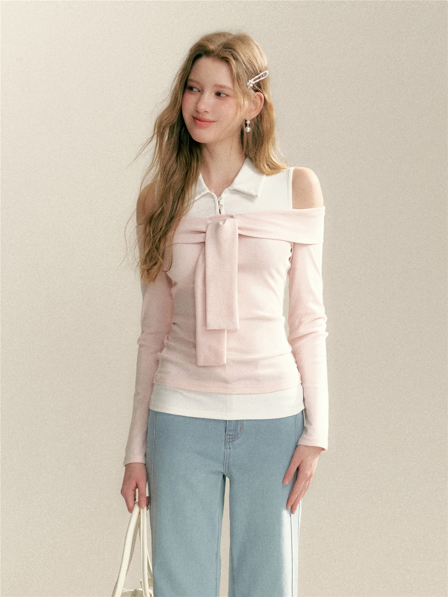 16DEWS 16D26022 Fake two piece off shoulder strap splicing slim fit top