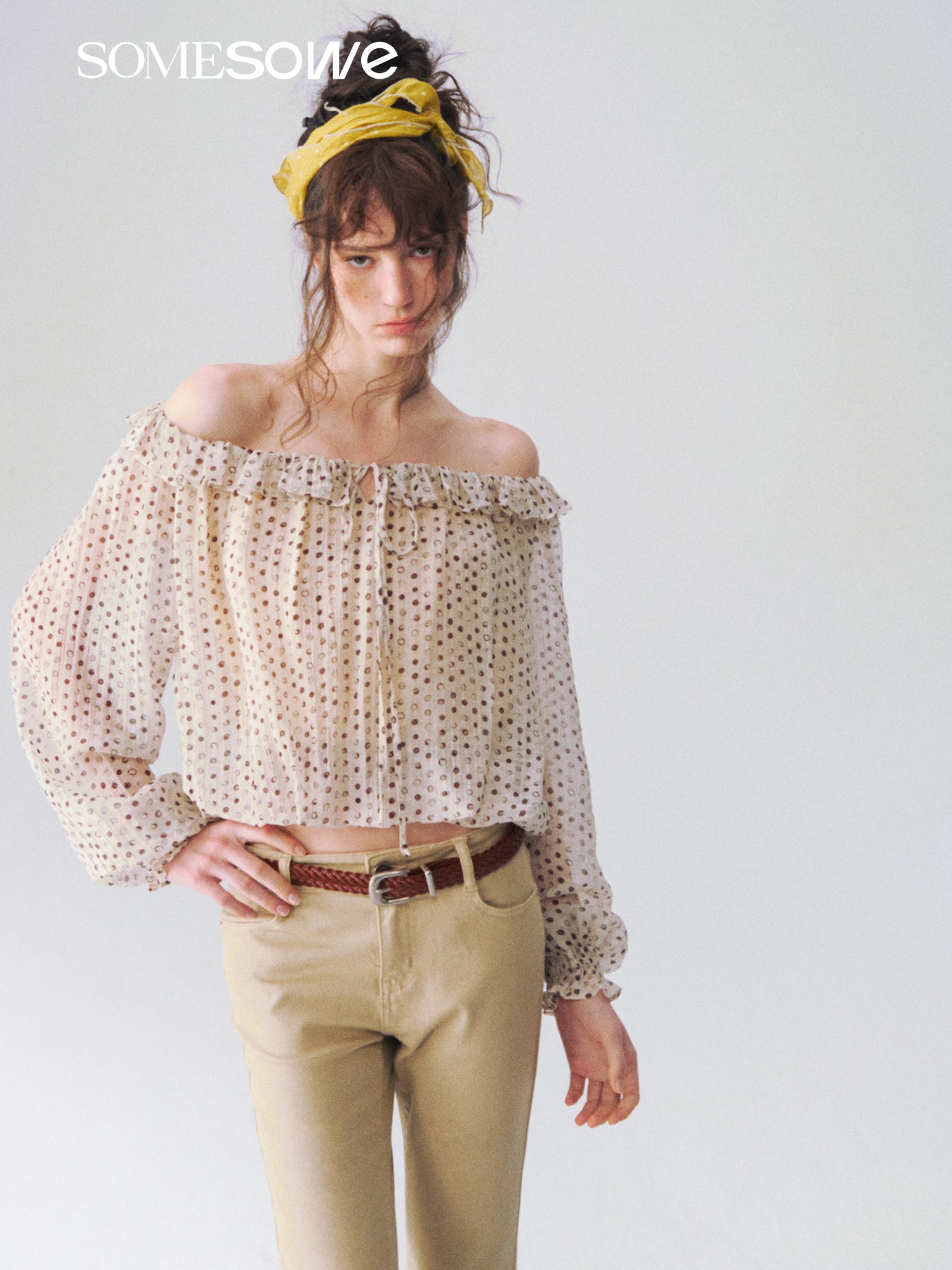 SOMESOWE S2609100 French style off shoulder polka dot ruffle top