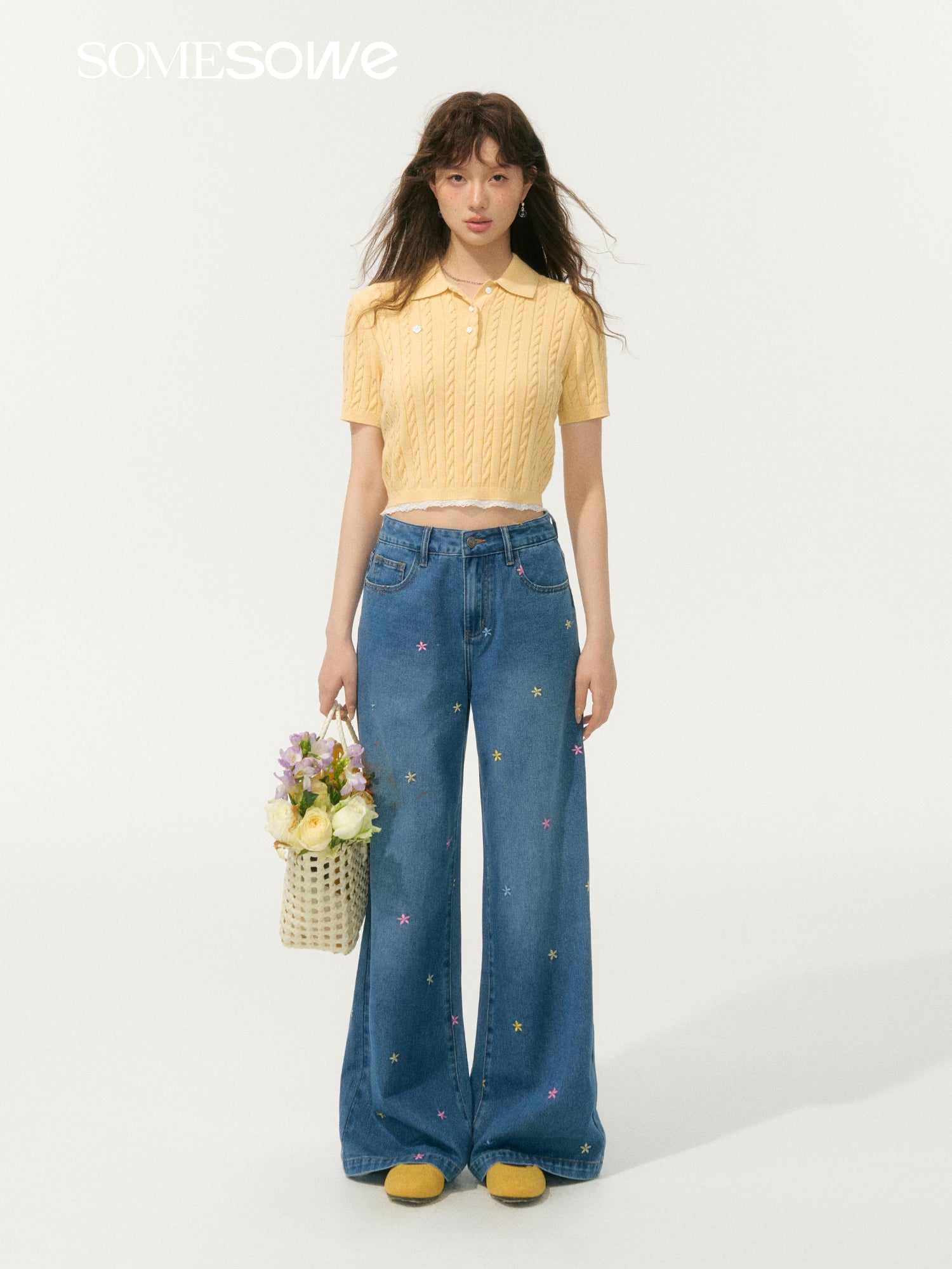 SOMESOWE S2508075 Embroidered flower straight leg jeans
