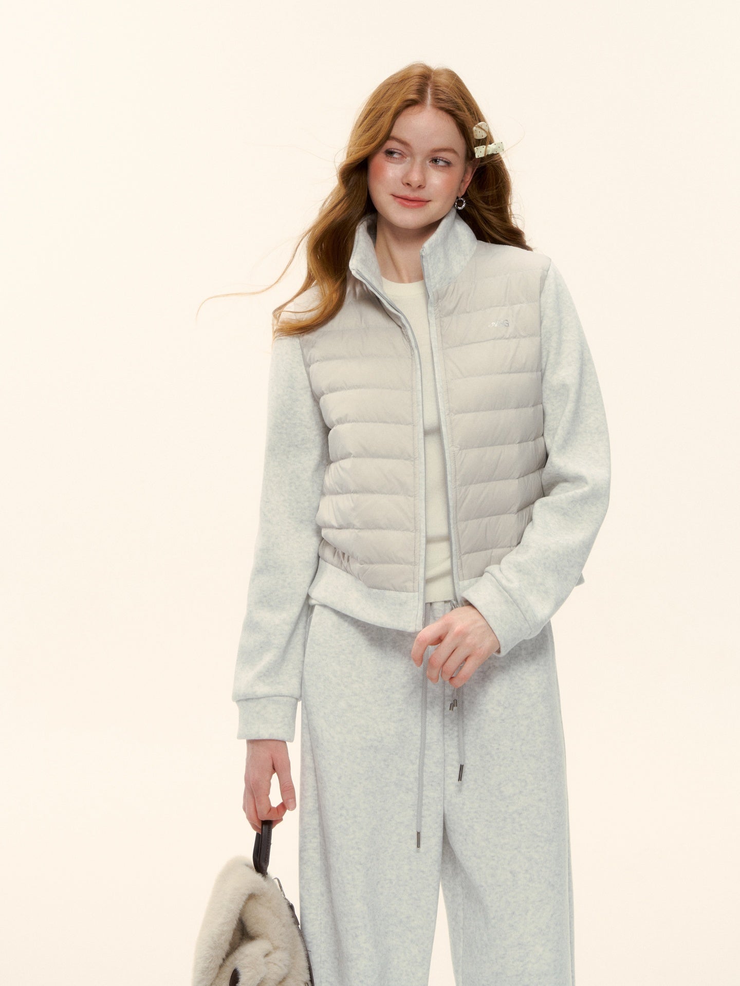 AsGony ASG25611&ASG25584 Splicing stand up collar pork rib down jacket + pants