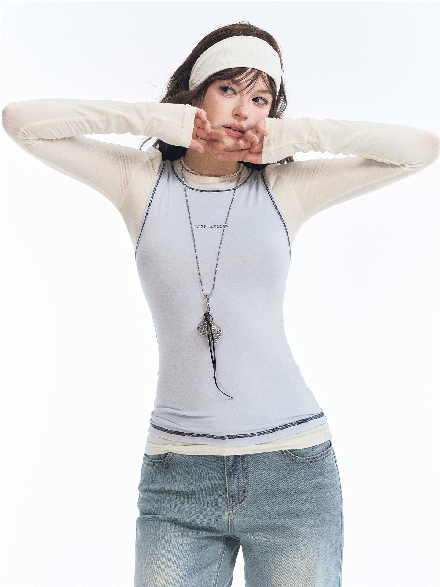 Asgony ASG26548 Wool Modal Contrast-Trim Two-Piece Base T-Shirt