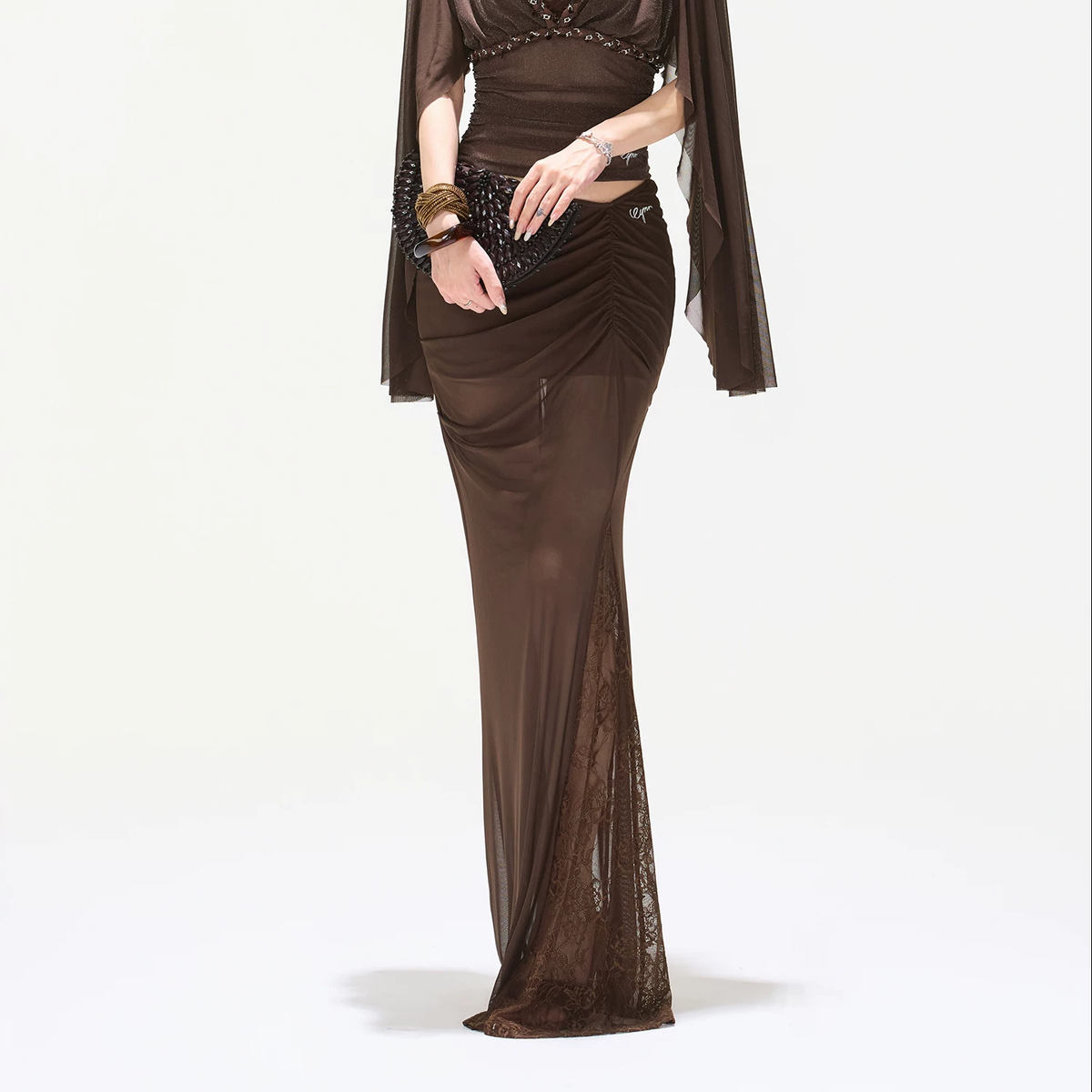 CYNR Rhinestone V-Neck Mesh Flutter Sleeve Top & Mermaid Fishtail Skirt