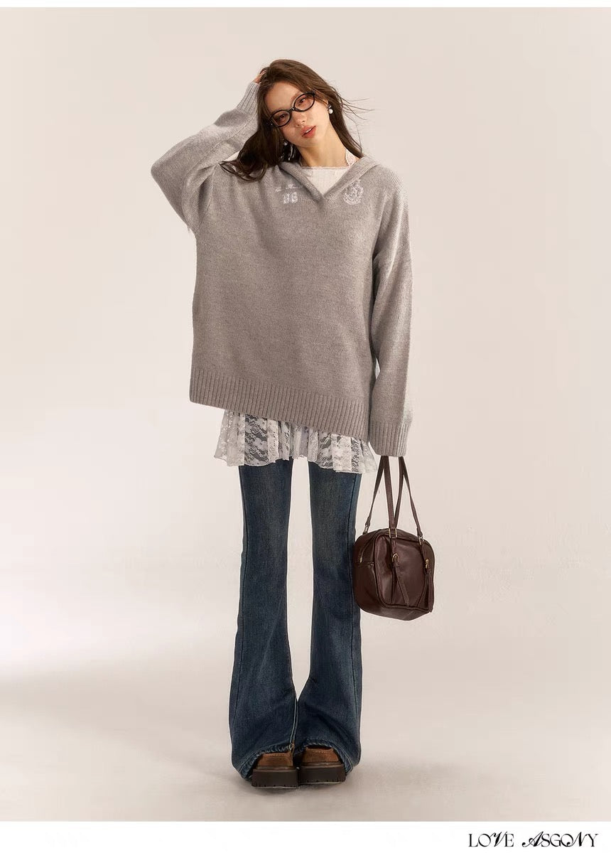 AsGony ASG24554/ASG24553 Grey Sweater & Lace Dress