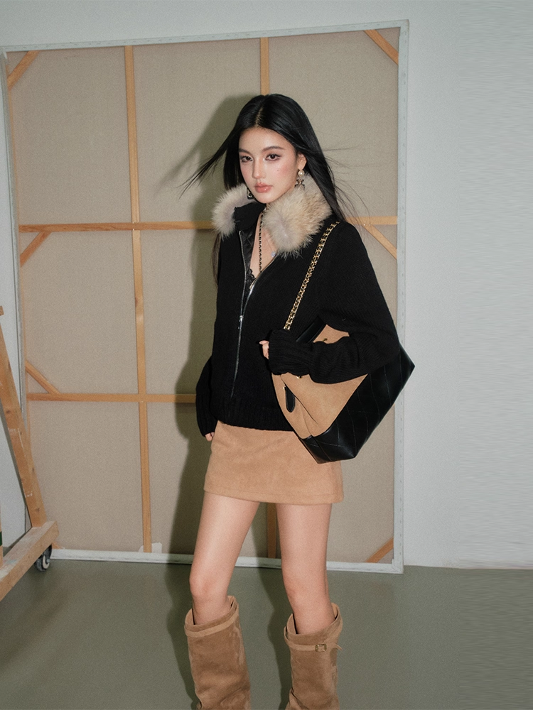 OLIVIA DUO DWT25423 Fur-Collar Top and Belted Brown Culottes Set