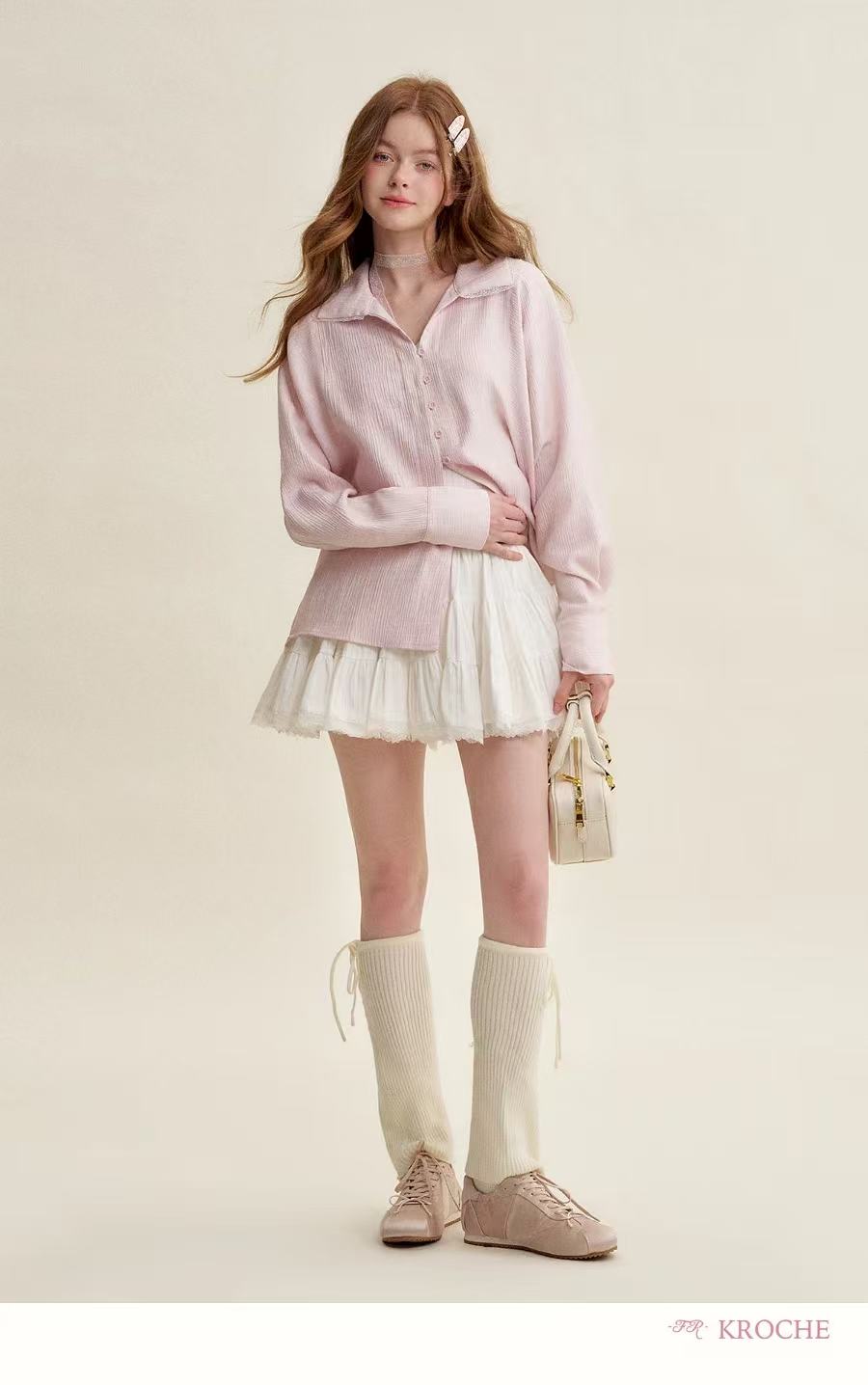 Kroche Lace patchwork loose pink shirt