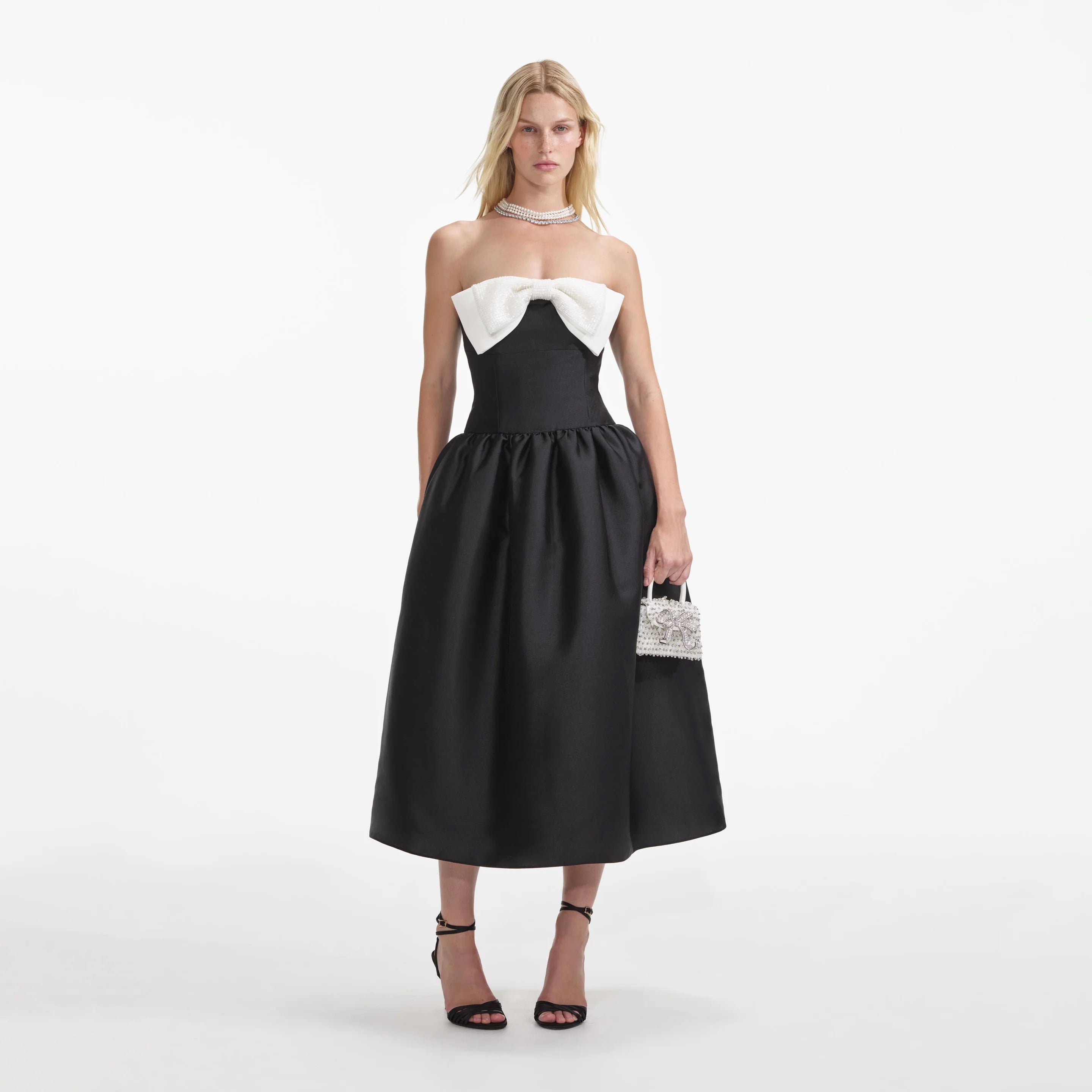 Self-Portrait BLACK TAFFETA CONTRAST BOW MIDI DRESS