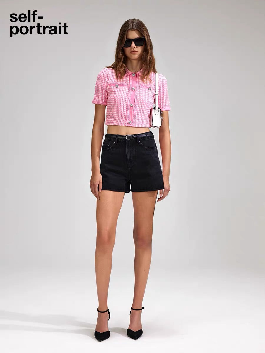 Self-Portrait PINK GRID KNIT TOP