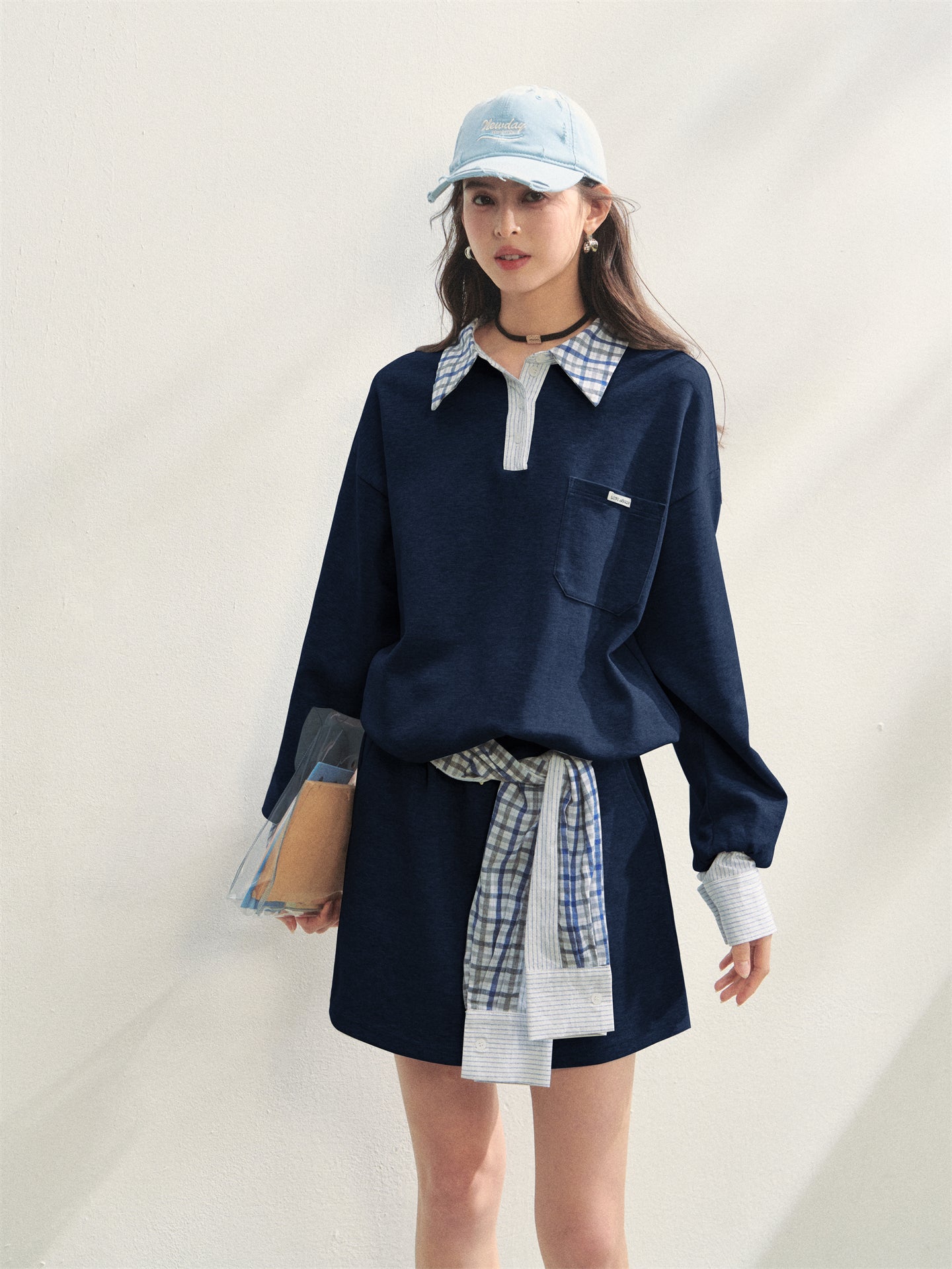 AsGony ASG25307&ASG25308 Checkered shirt patchwork hoodie + skirt set