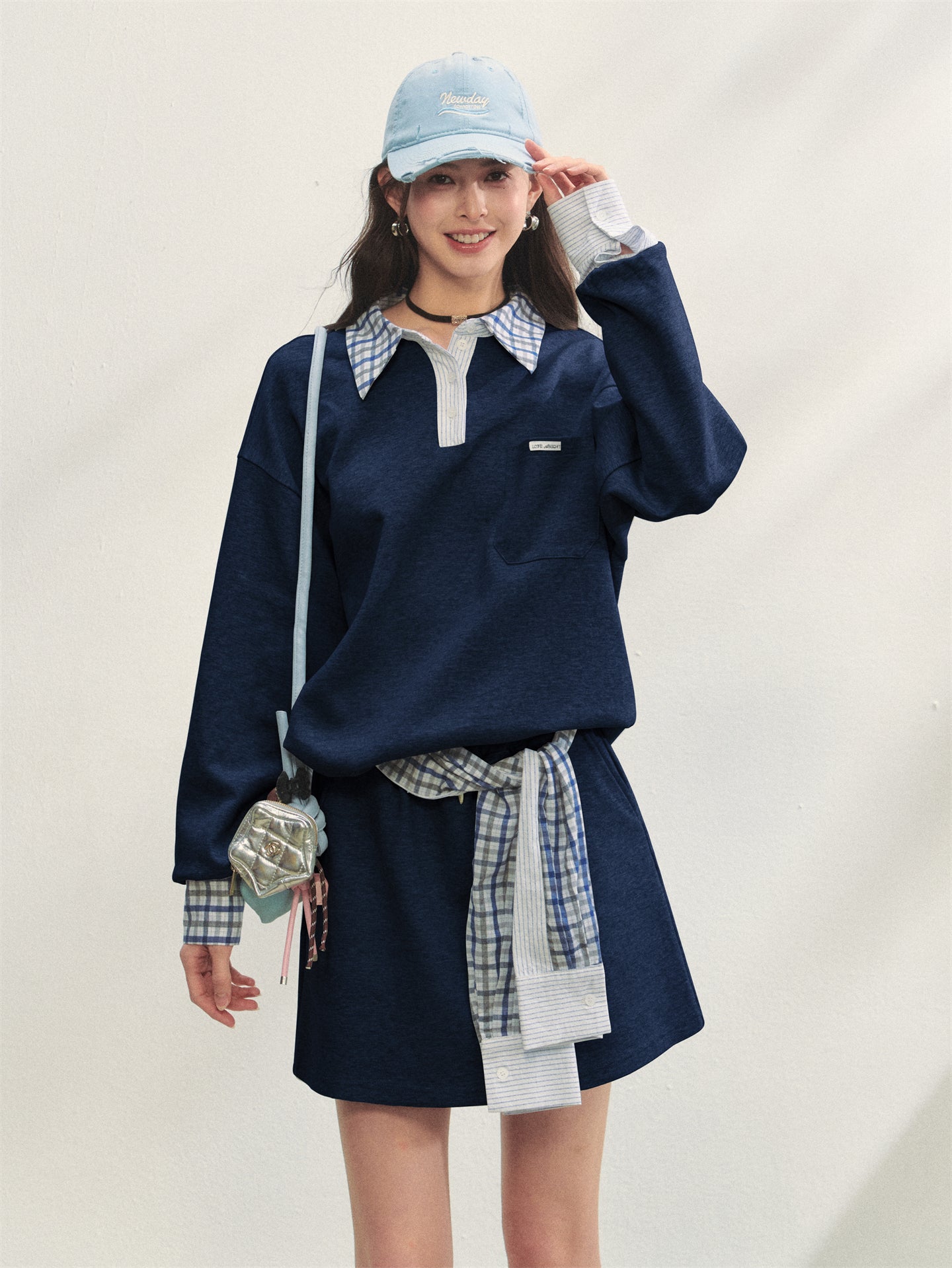 AsGony ASG25307&ASG25308 Checkered shirt patchwork hoodie + skirt set
