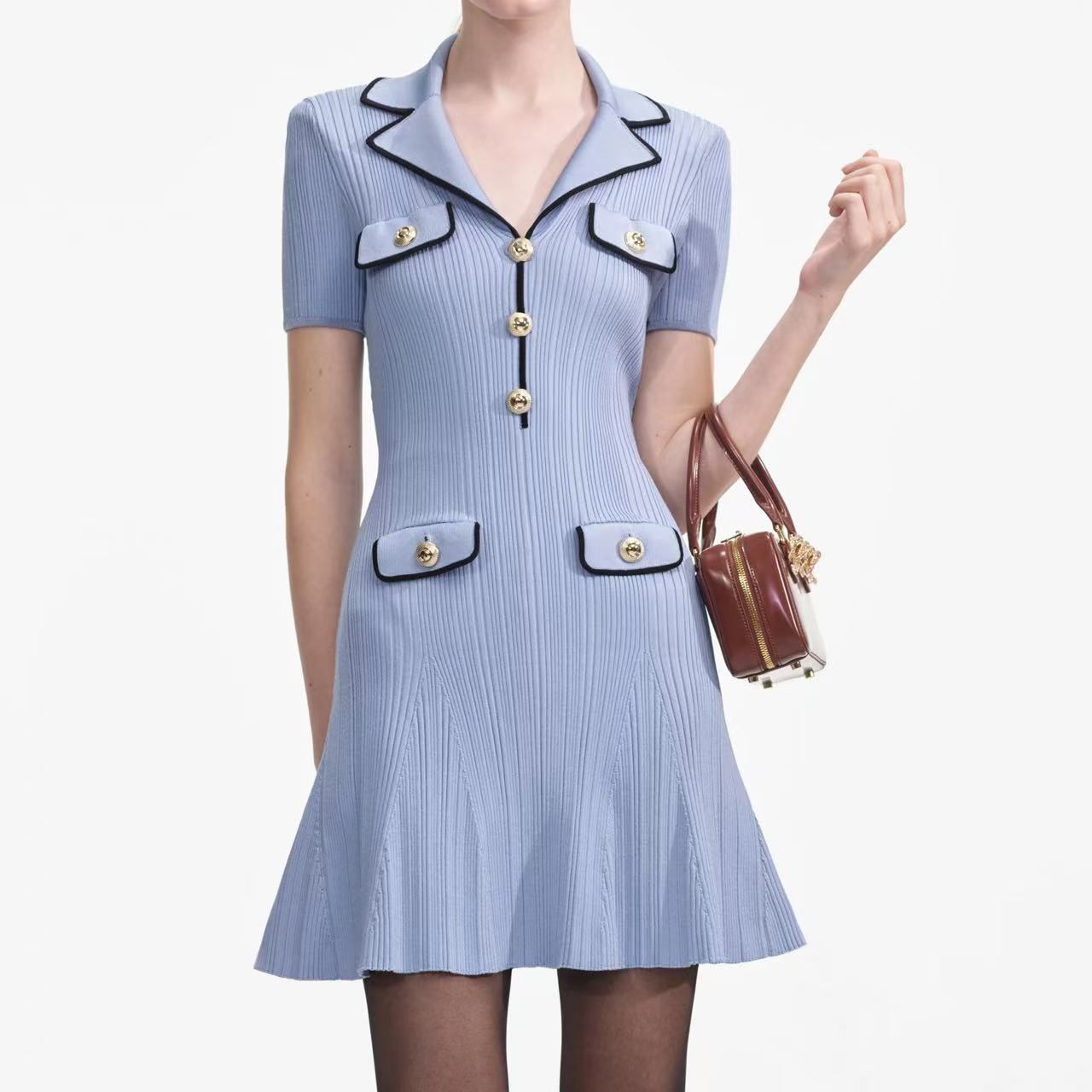 Self-Portrait Blue Viscose Rib Knit - Mini Dress