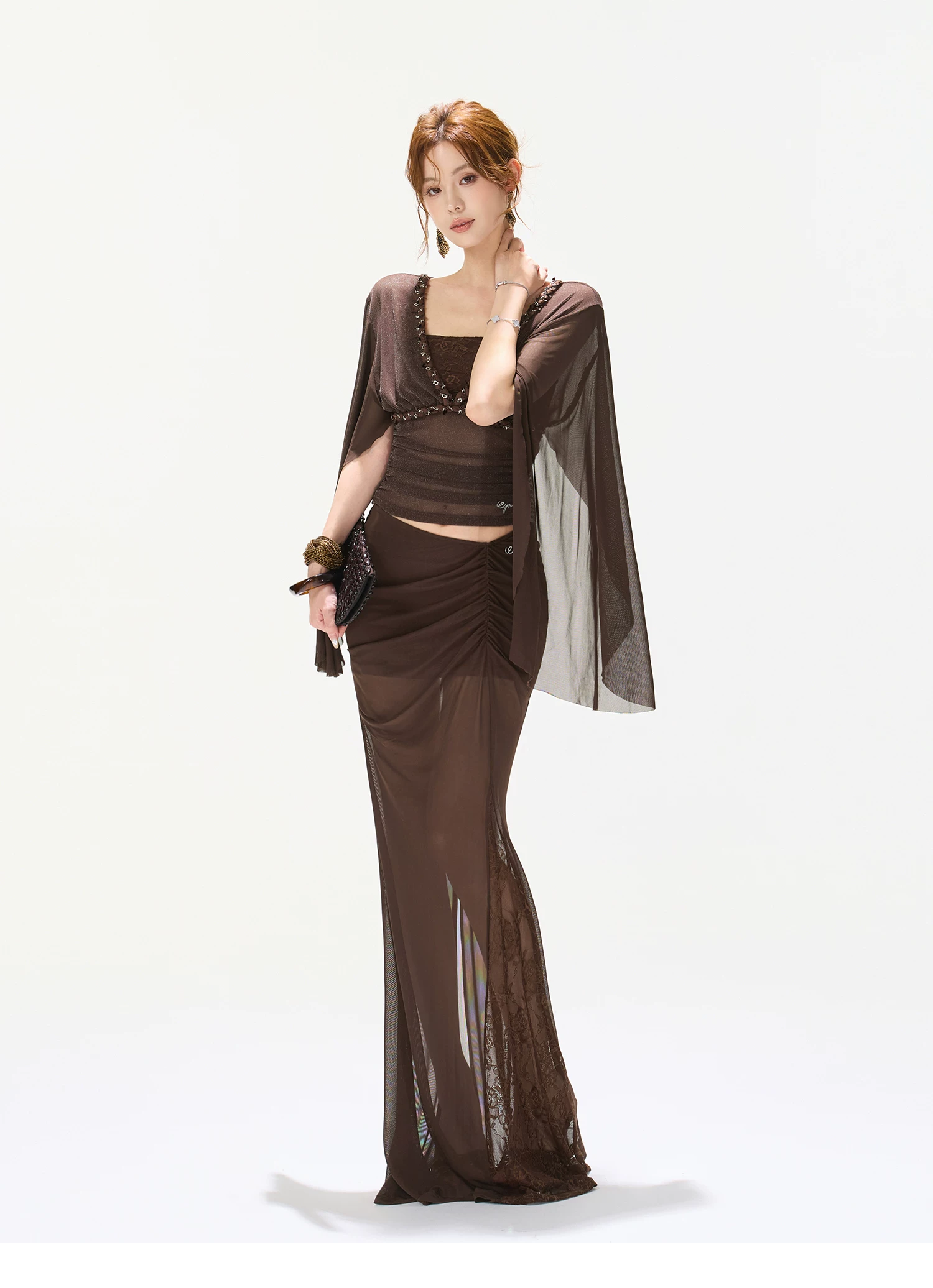 CYNR Rhinestone V-Neck Mesh Flutter Sleeve Top & Mermaid Fishtail Skirt