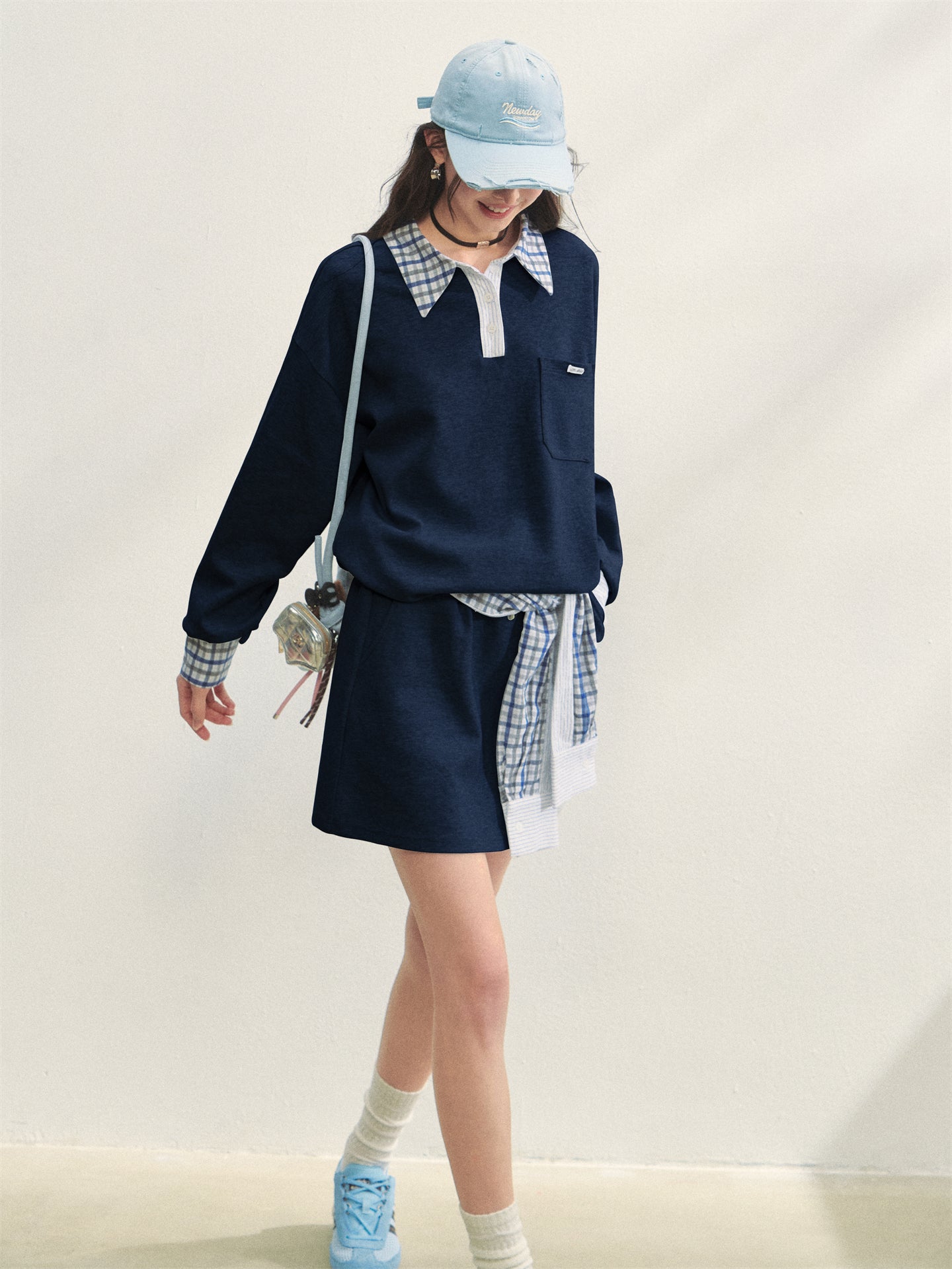 AsGony ASG25307&ASG25308 Checkered shirt patchwork hoodie + skirt set