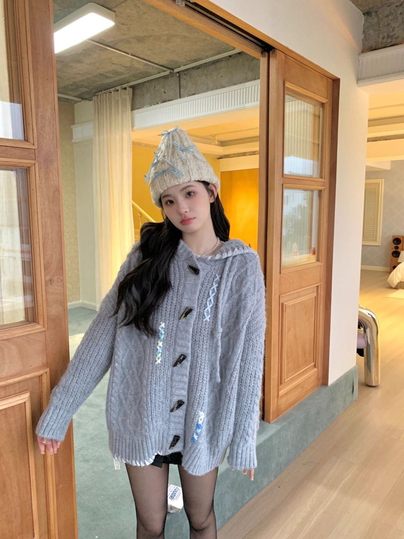 Momonana Hooded Toggle-Front Cardigan (grey)