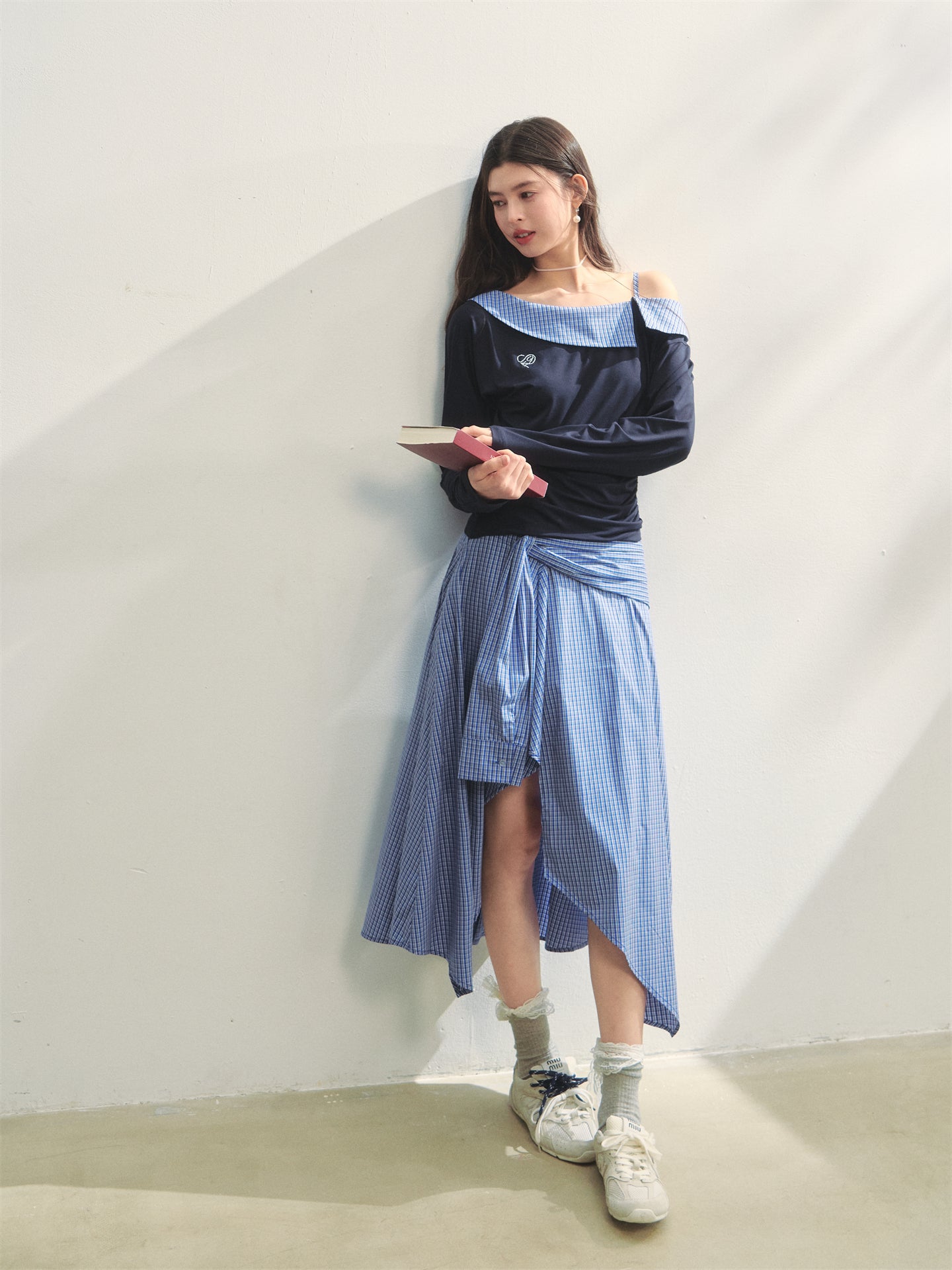 AsGony ASG25265&ASG25266 Plaid patchwork contrasting top + skirt set