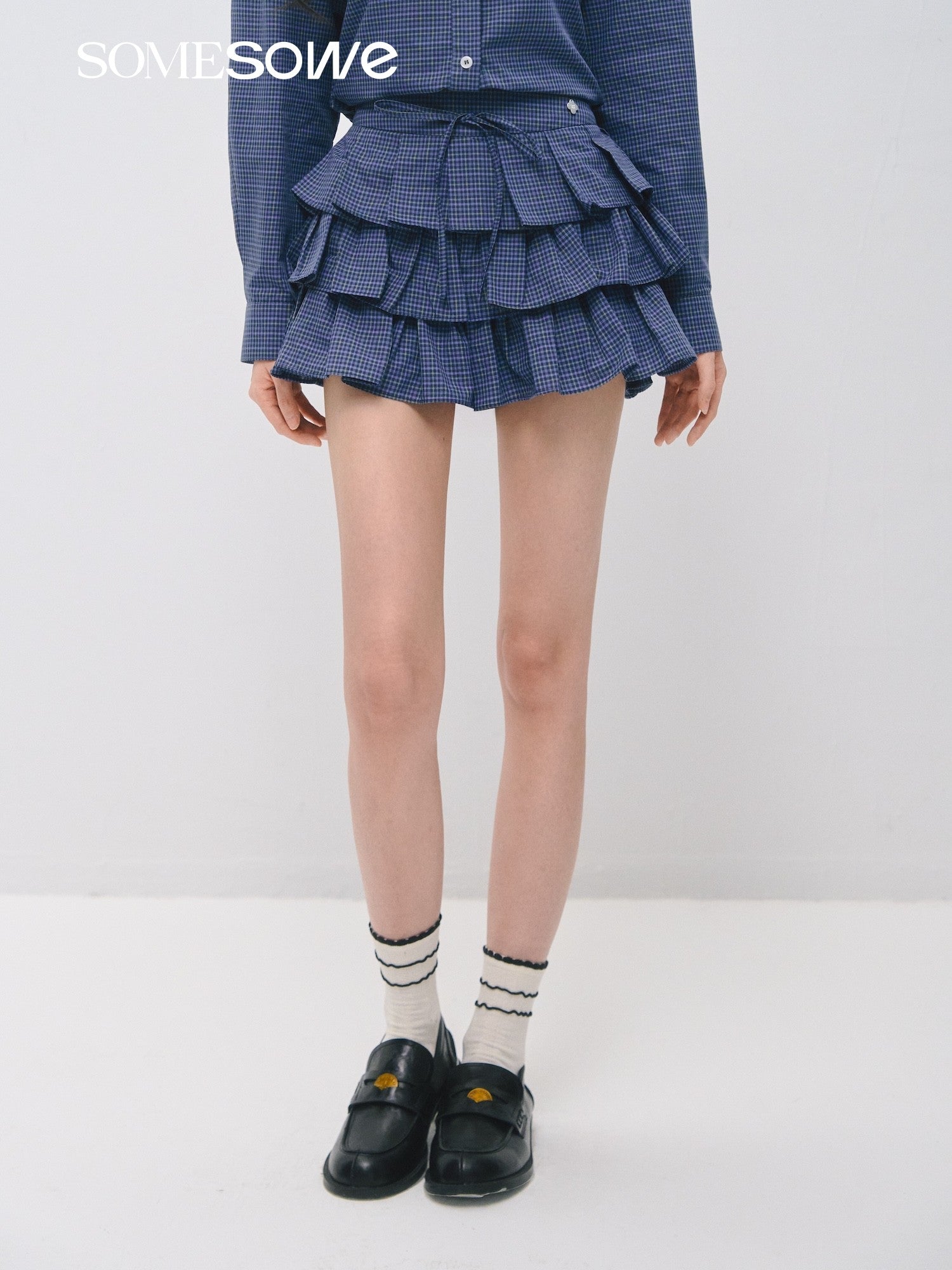SOMESOWE S2509029&S2509030 Plaid ruffled silhouette short shirt + skirt