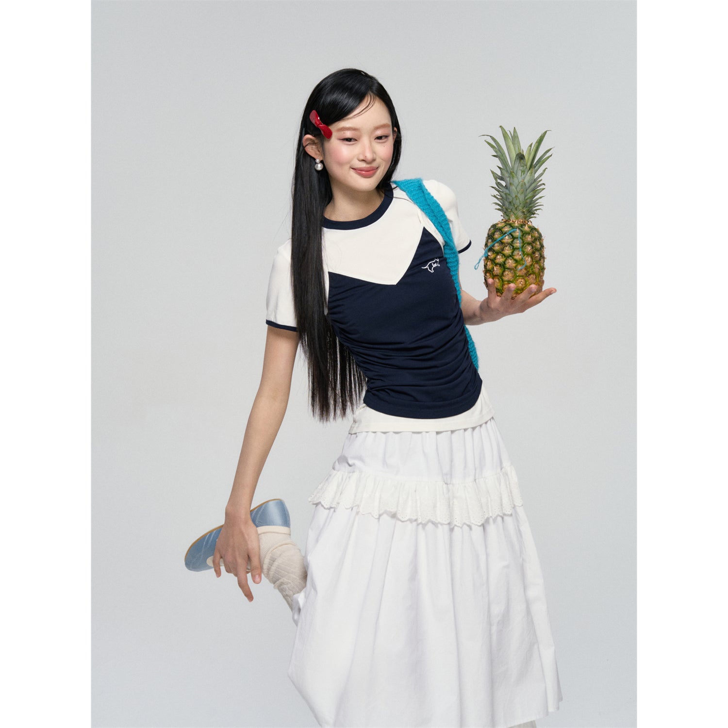 AsGony ASG25063 Color blocking strap style fake two-piece T-shirt