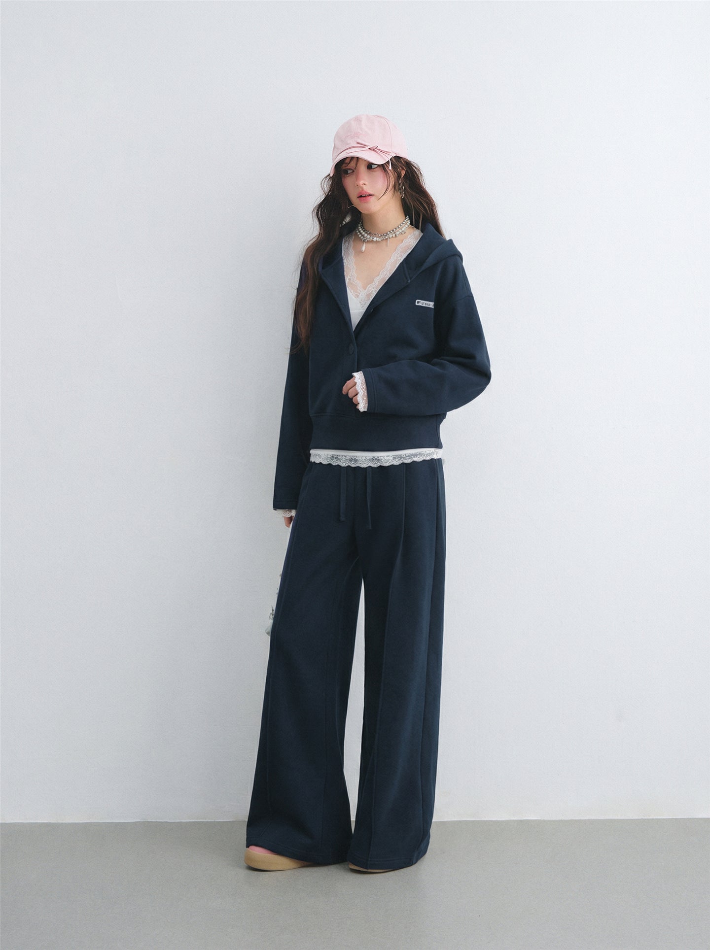 AsGony ASG26038&ASG26039 V-neck cross lace patchwork vest hoodie + pants