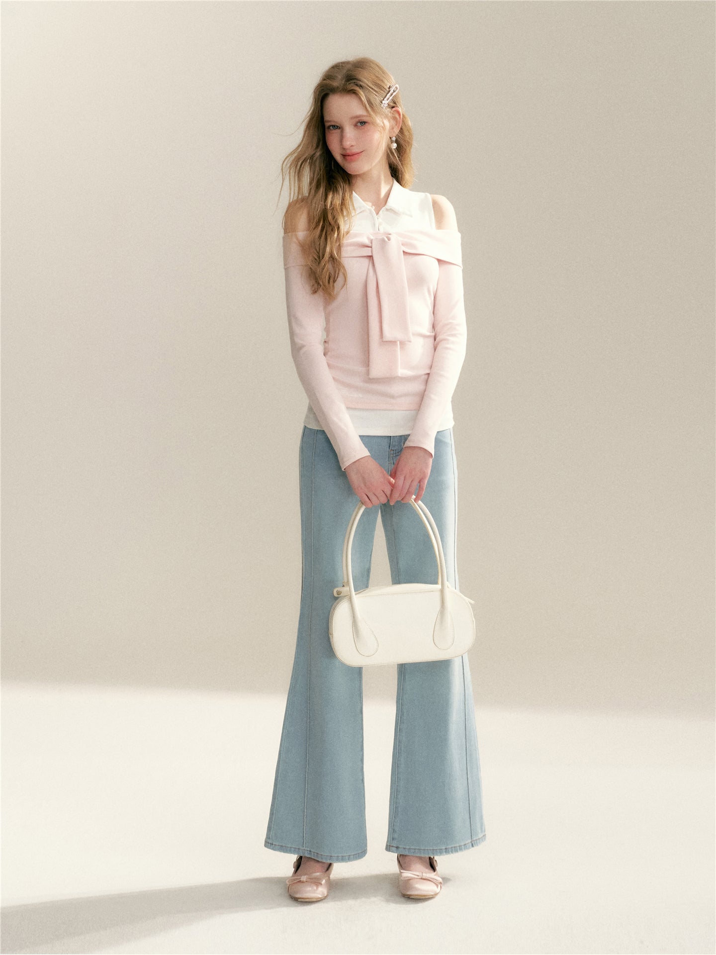 16DEWS 16D26022 Fake two piece off shoulder strap splicing slim fit top