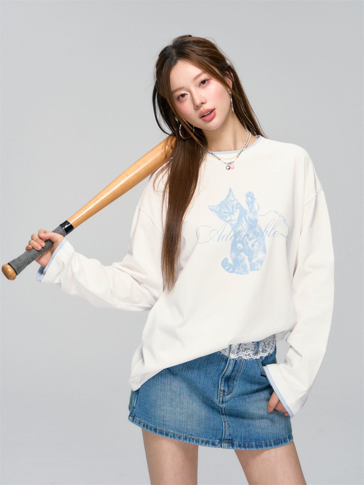 AsGony ASG25026 Cat print contrasting splicing top