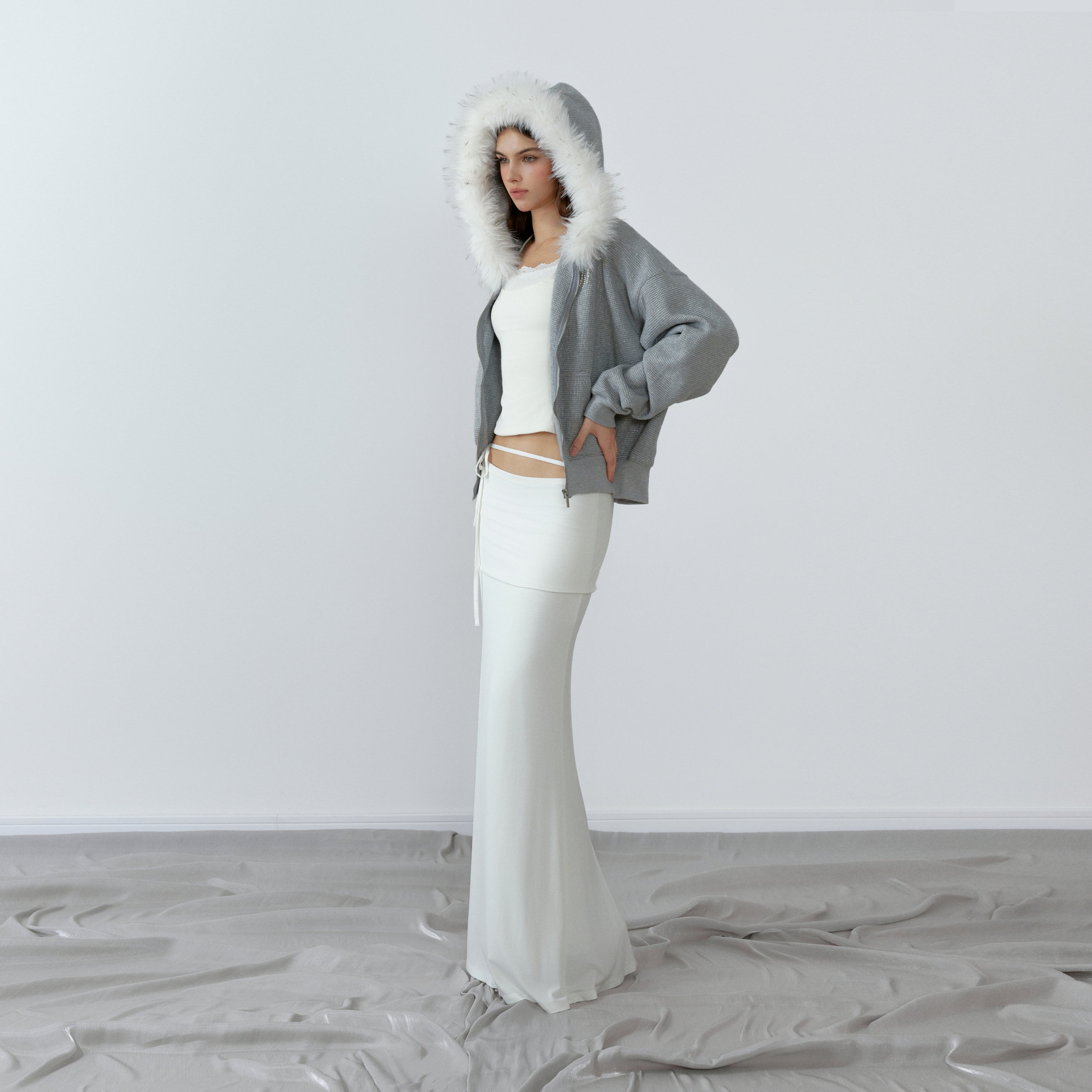 NONCESTNON N227 White fur collar gray hoodie
